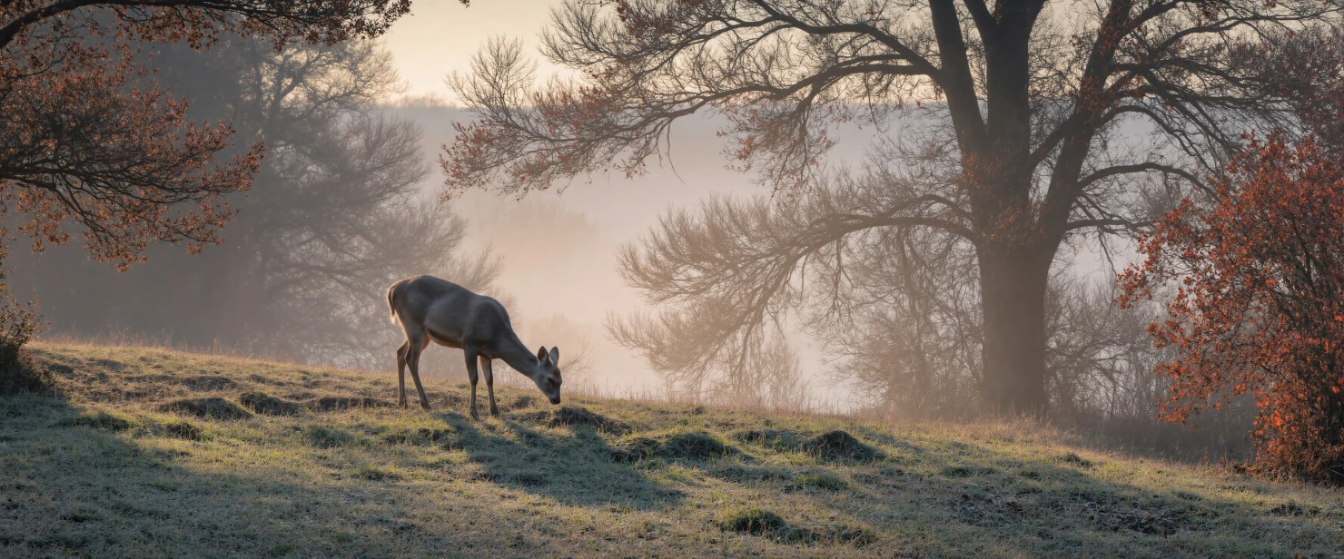 Deer Grazing in a Misty Meadow #40416
