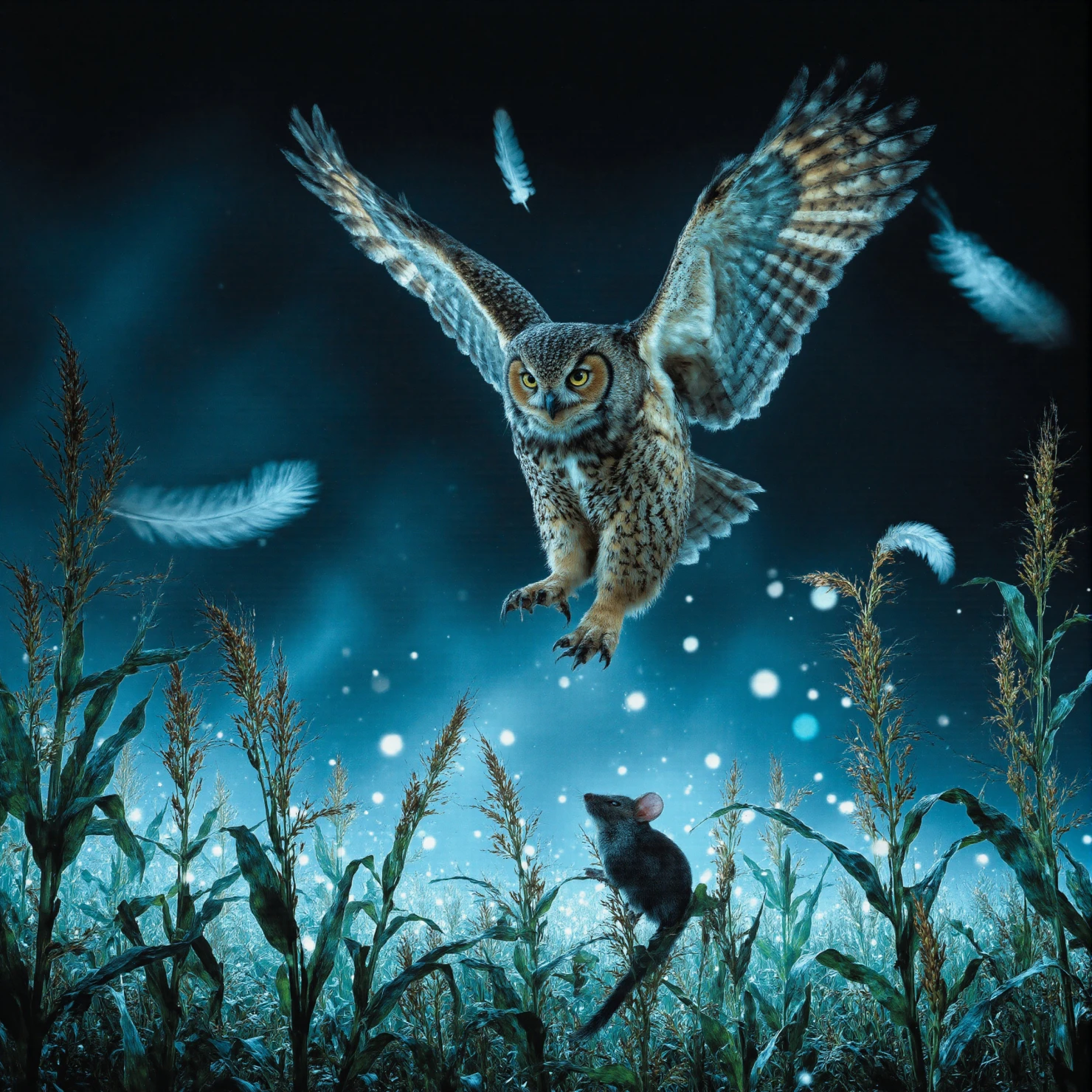Owl Hunting Mouse in a Cornfield Under a Starry Night Sky #40418