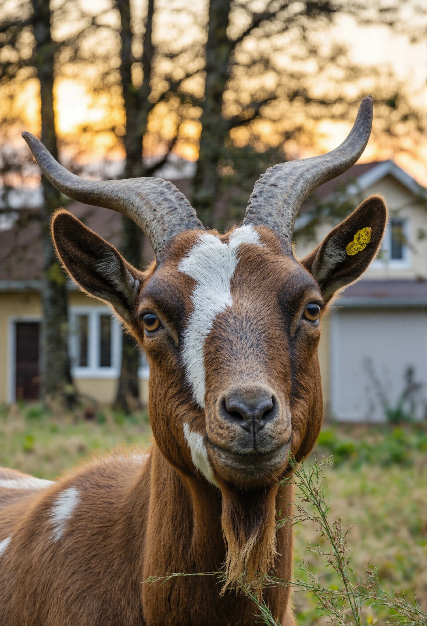 Close-up ofClose-up Portrait of a Goat with Curved Horns in a Field #40430