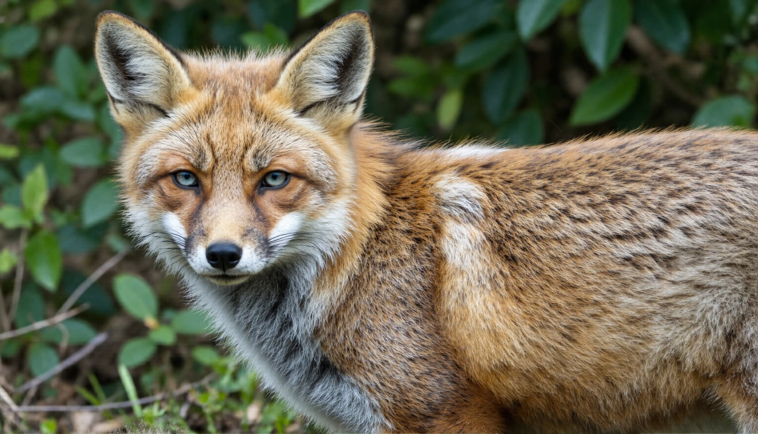 Red Fox with striking blue eyes gazing intently at the camera. #40442