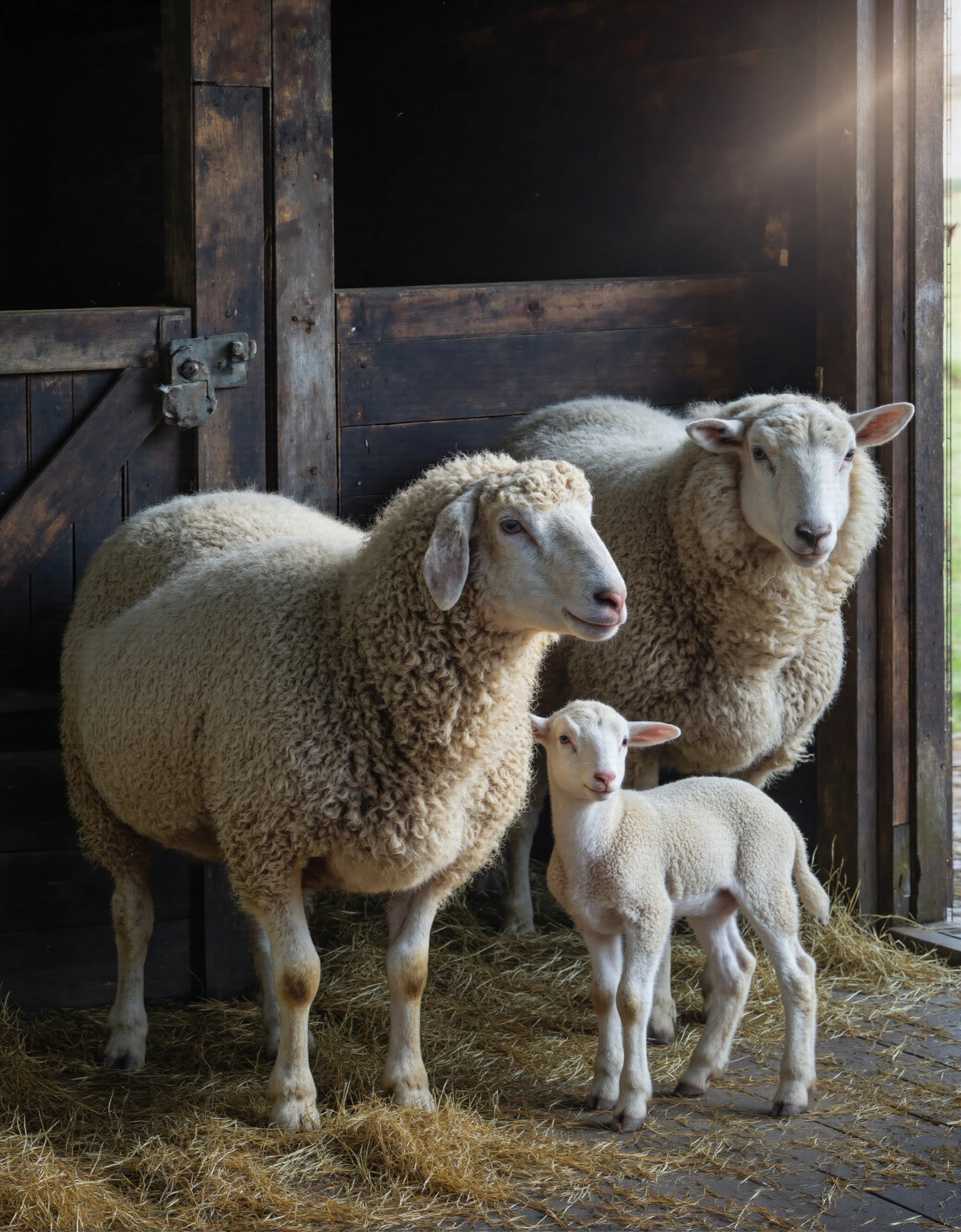 Family of sheep inside a barn, illuminated by sunlight #40443