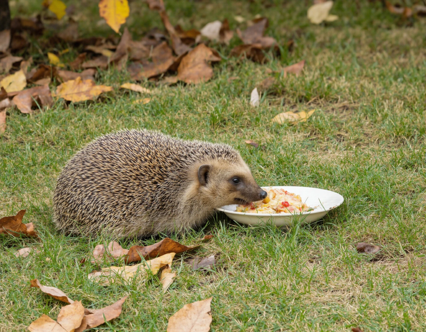 Hedgehog Enjoying a Meal Outdoors with Autumn Leaves #40453