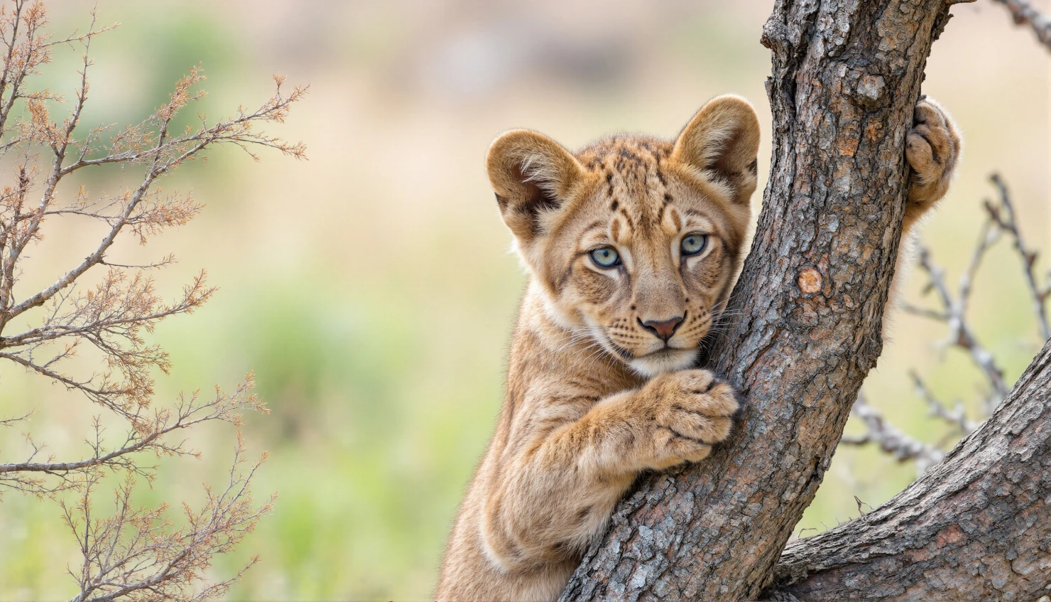 Lion Cub Posing on a Tree Branch #40473