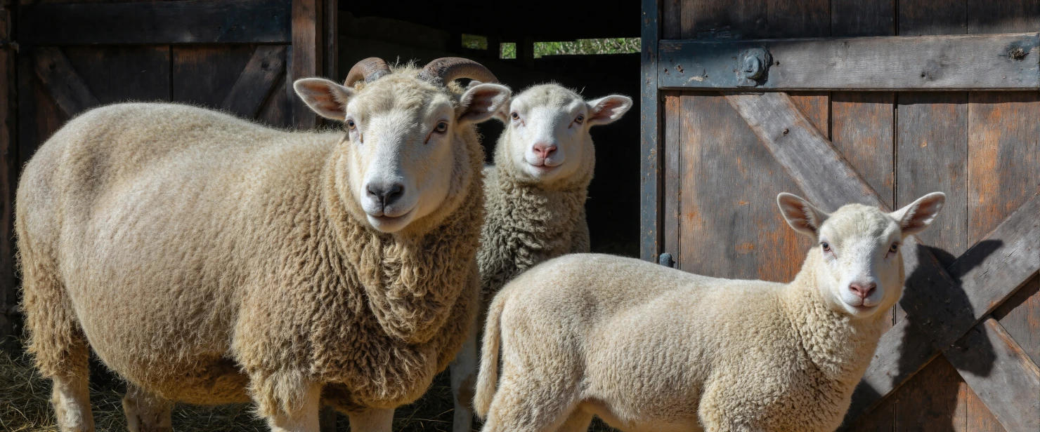 Three Sheep Posing by Wooden Barn Door #40475