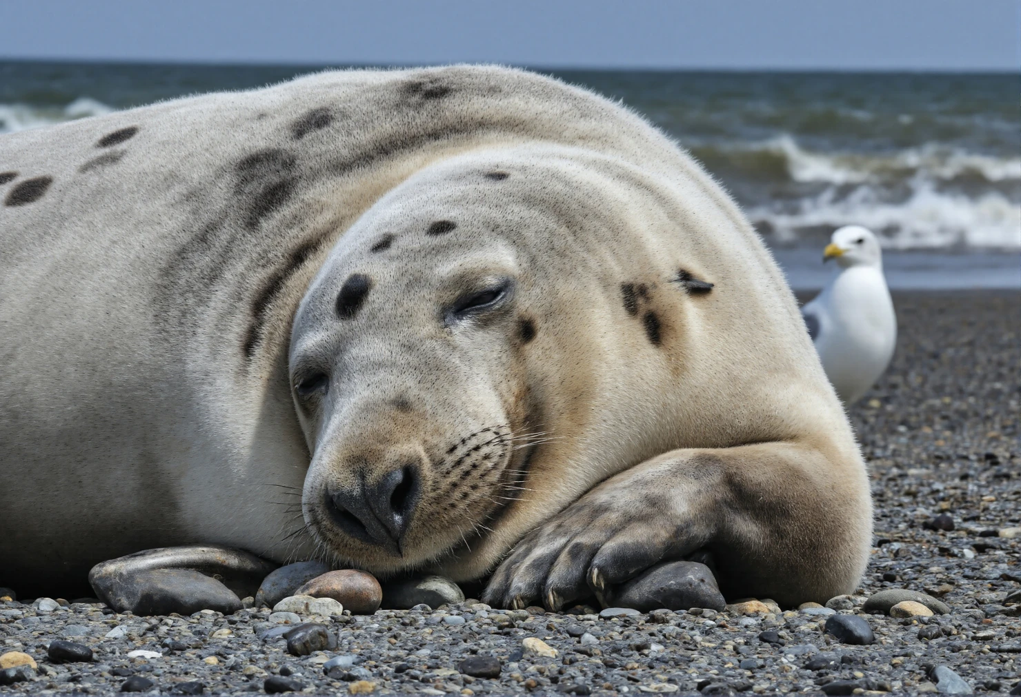 Sleeping Seal on a Rocky Beach with Seagull #40484