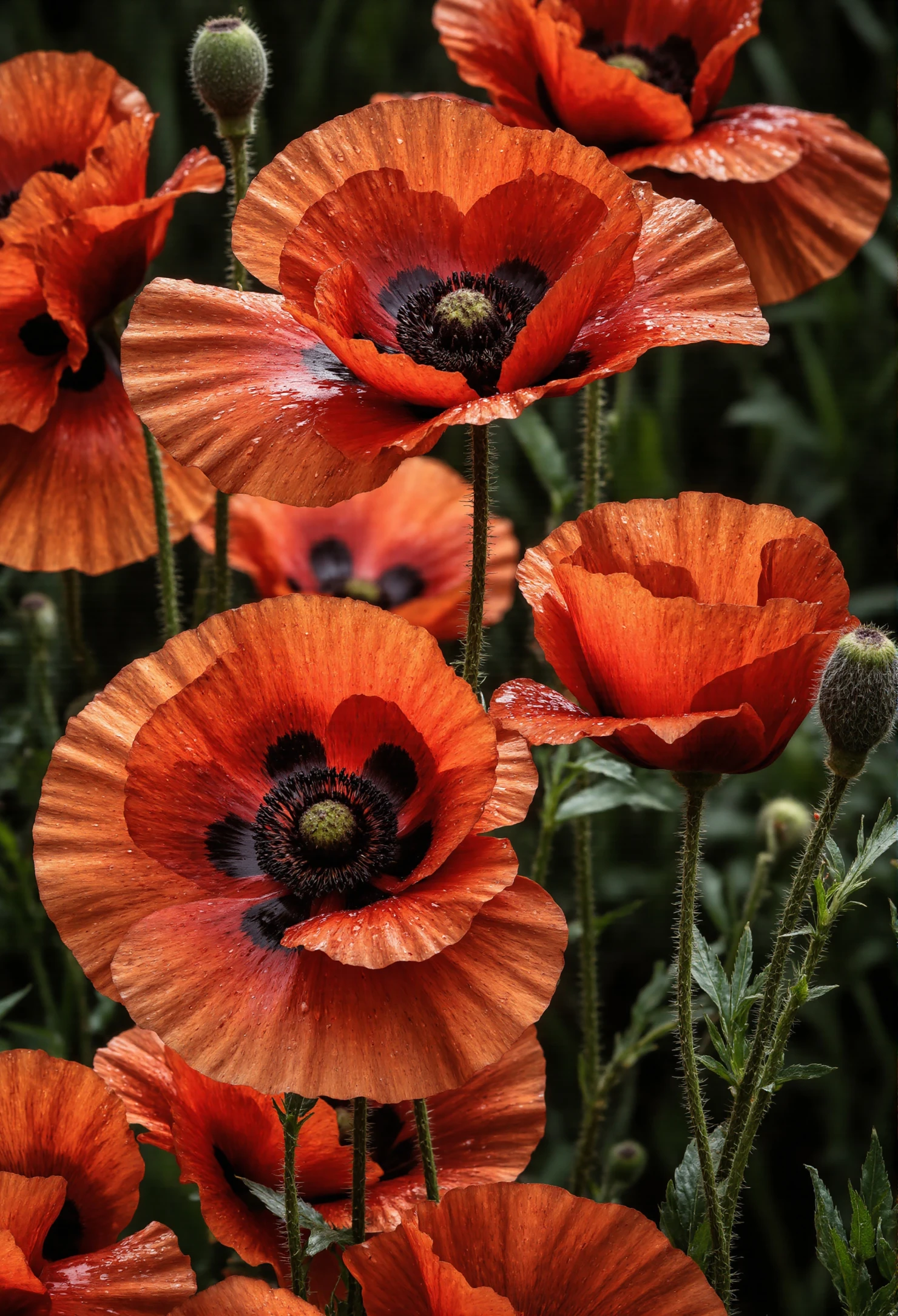 Vibrant Orange Poppies in Full Bloom with Dew Drops #40494