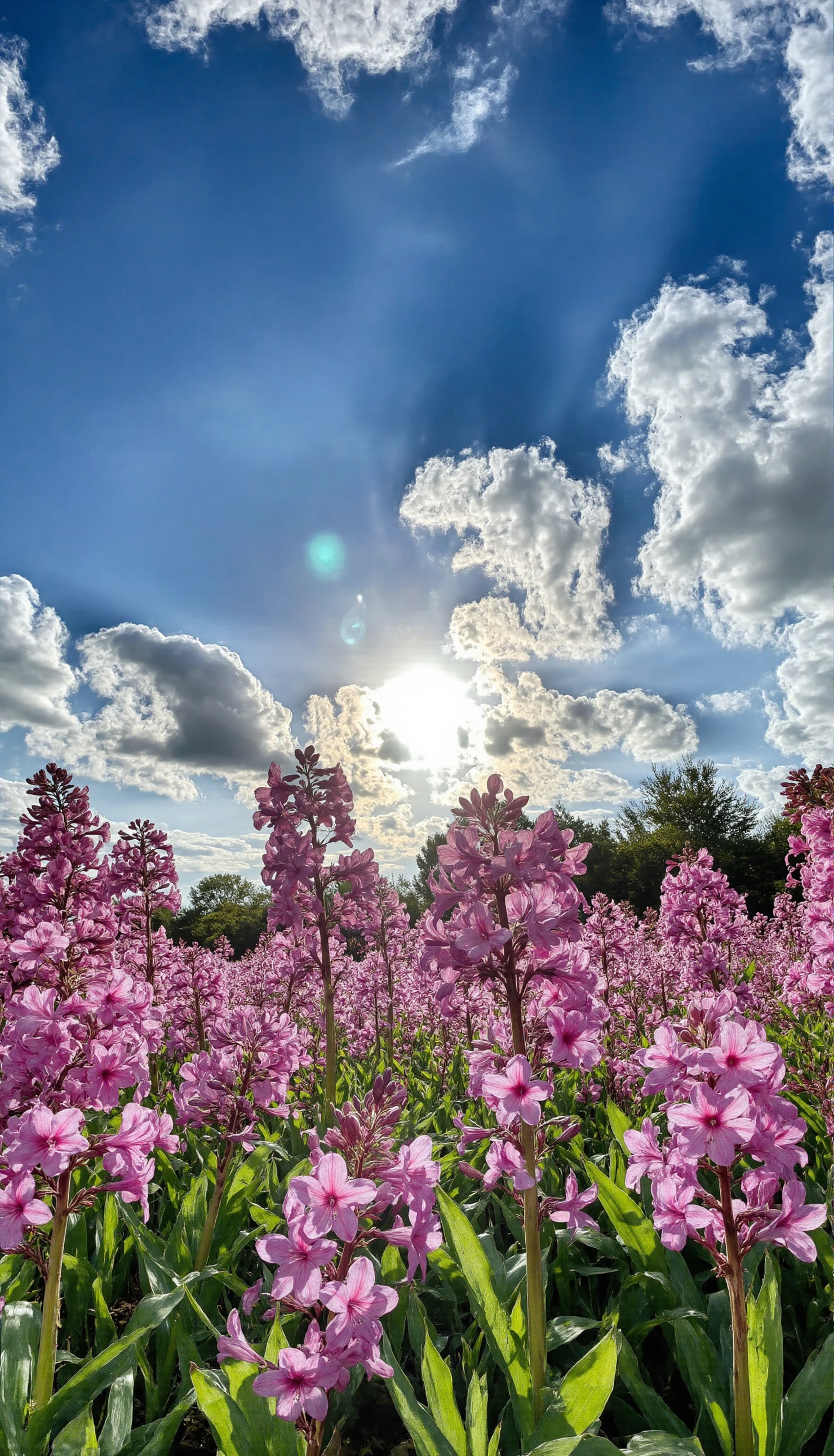 Vibrant Pink Blooms Bathed in Sunlight Under a Cloudy Blue Sky #40511