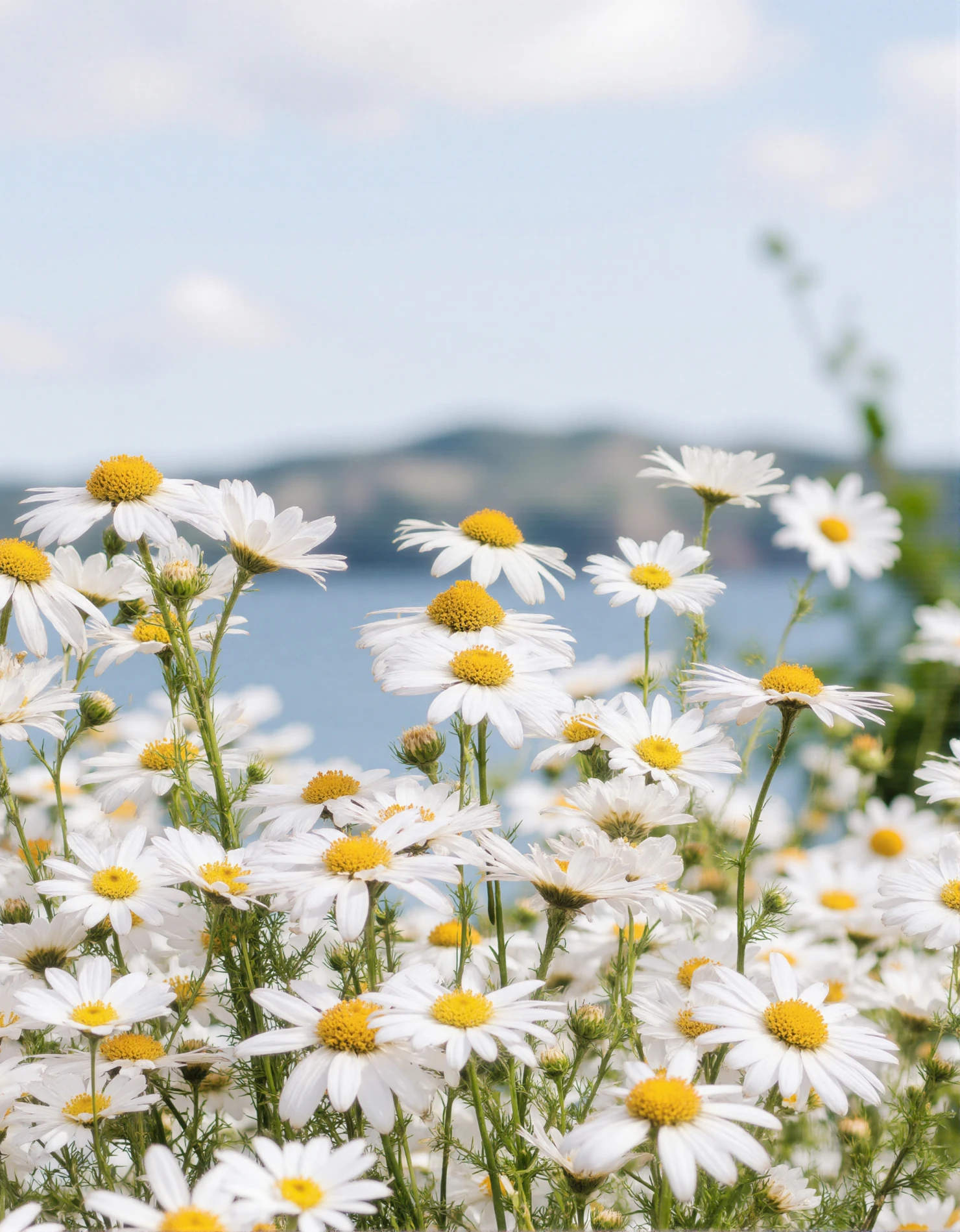 Field of Daisies Blooming by a Serene Lake on a Sunny Day #40537