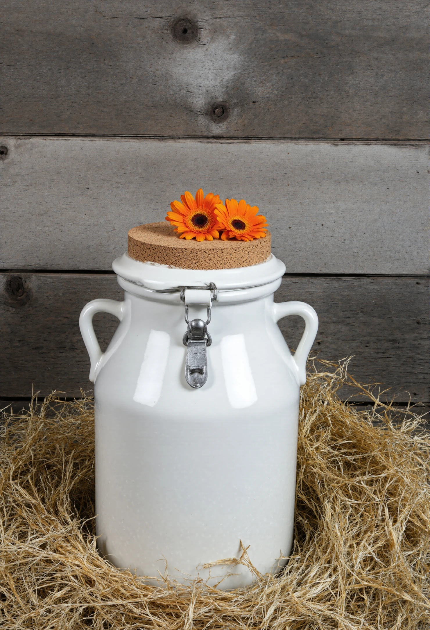 Rustic White Ceramic Milk Can with Orange Flowers and Straw #40540