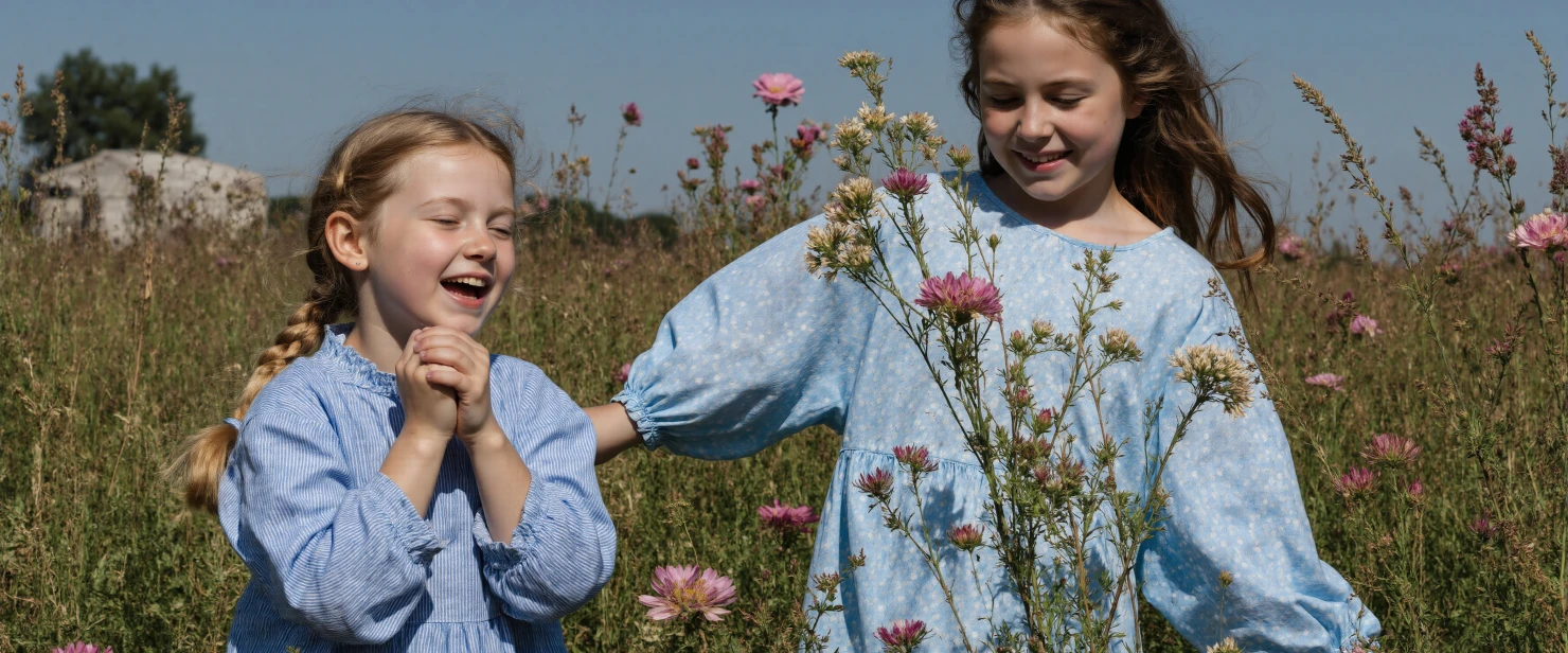 Joyful Girls Laughing in a Sunny Wildflower Meadow #40550