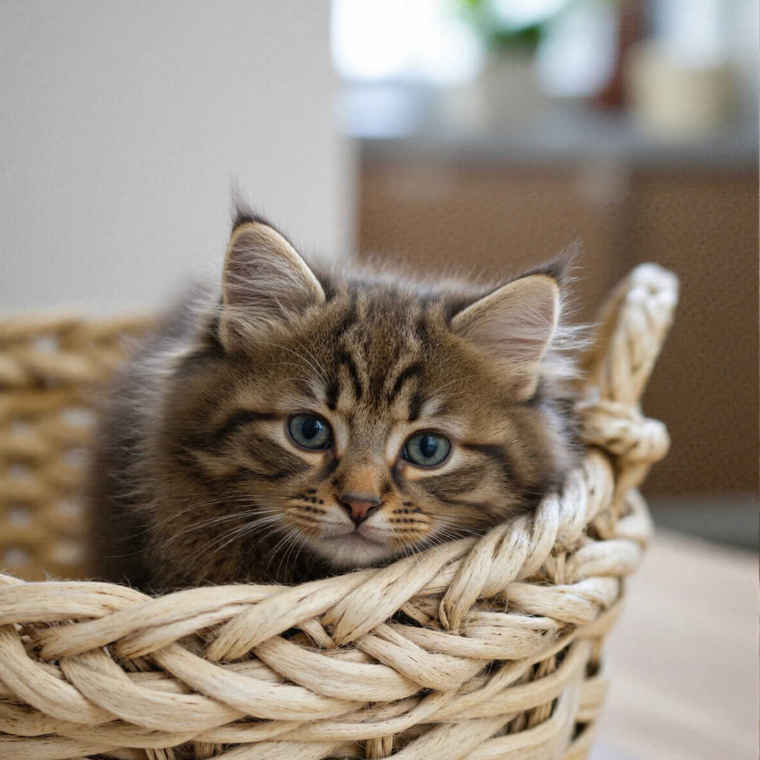 Adorable Fluffy Tabby Kitten with Blue Eyes Resting in a Woven Basket #40567