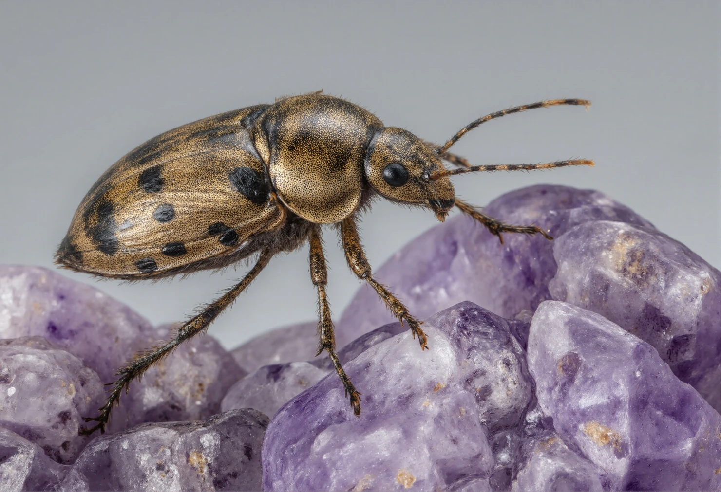 Spotted Beetle Perched on Vibrant Amethyst Crystals #40580