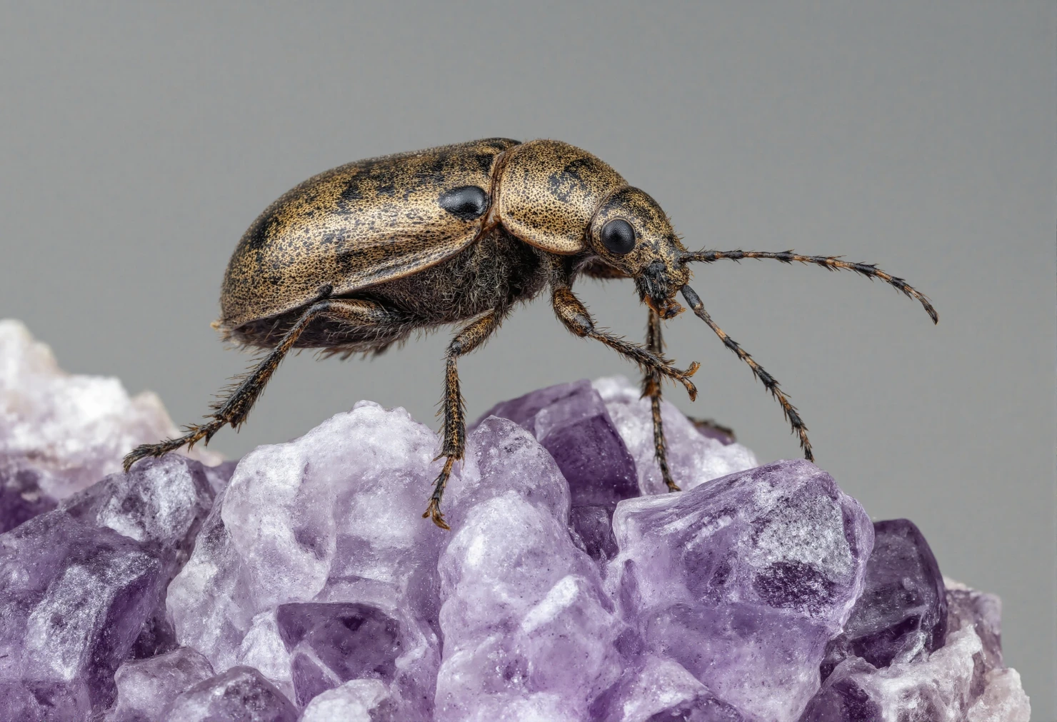 Spotted Beetle Perched on Vibrant Amethyst Crystals #40587