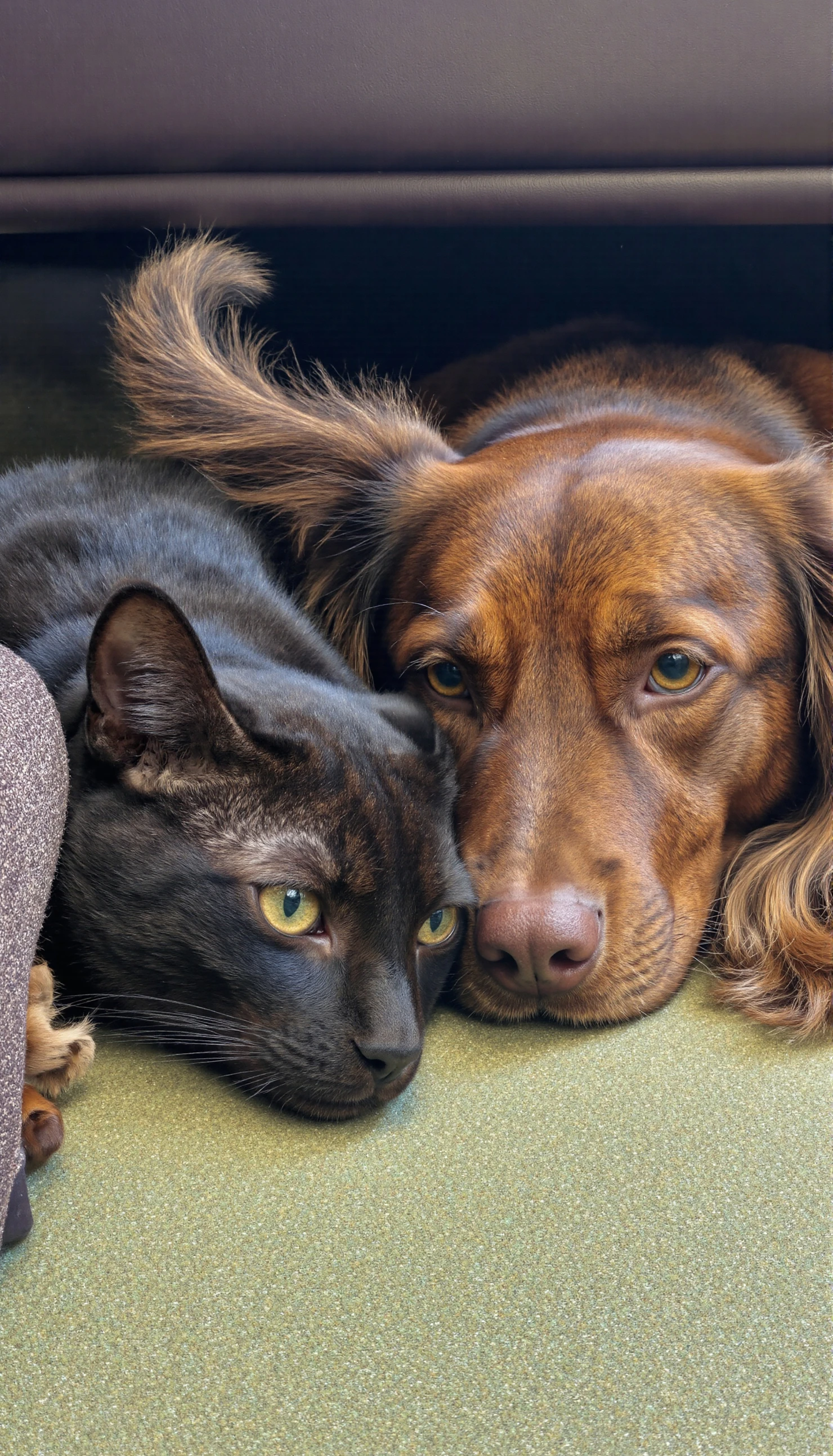 Cozy Companions Black Cat and Brown Dog Resting Together #40596