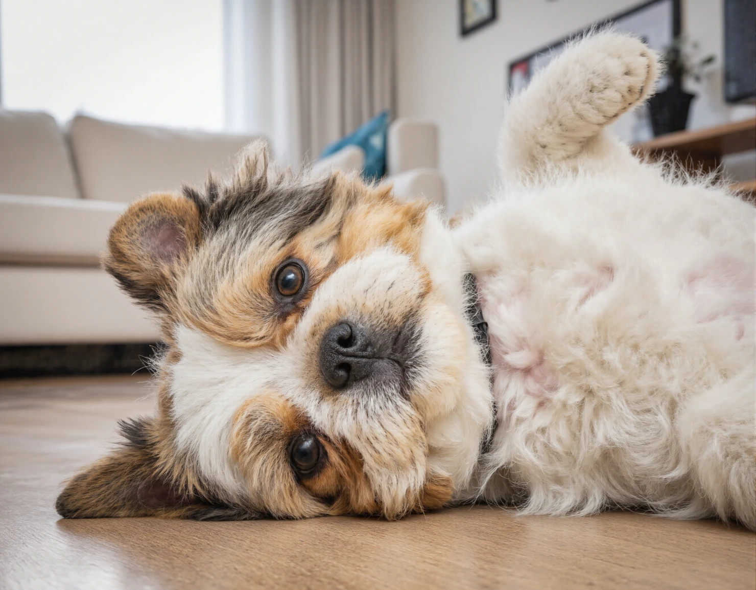 Adorable Puppy Lying Playfully on Its Back Indoors #40598