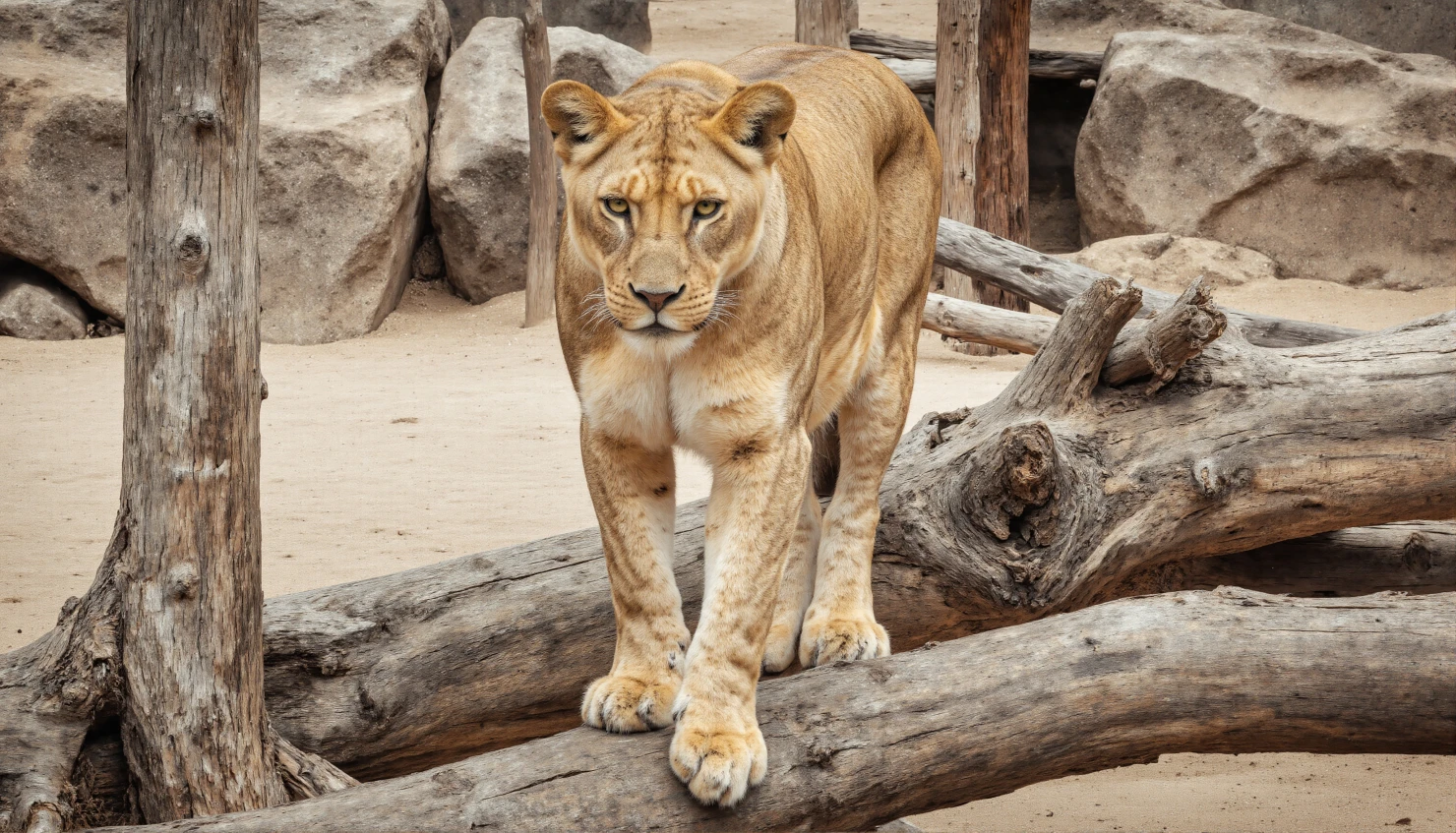 Powerful Lioness Walking on a Tree Trunk with Intense Gaze #40602