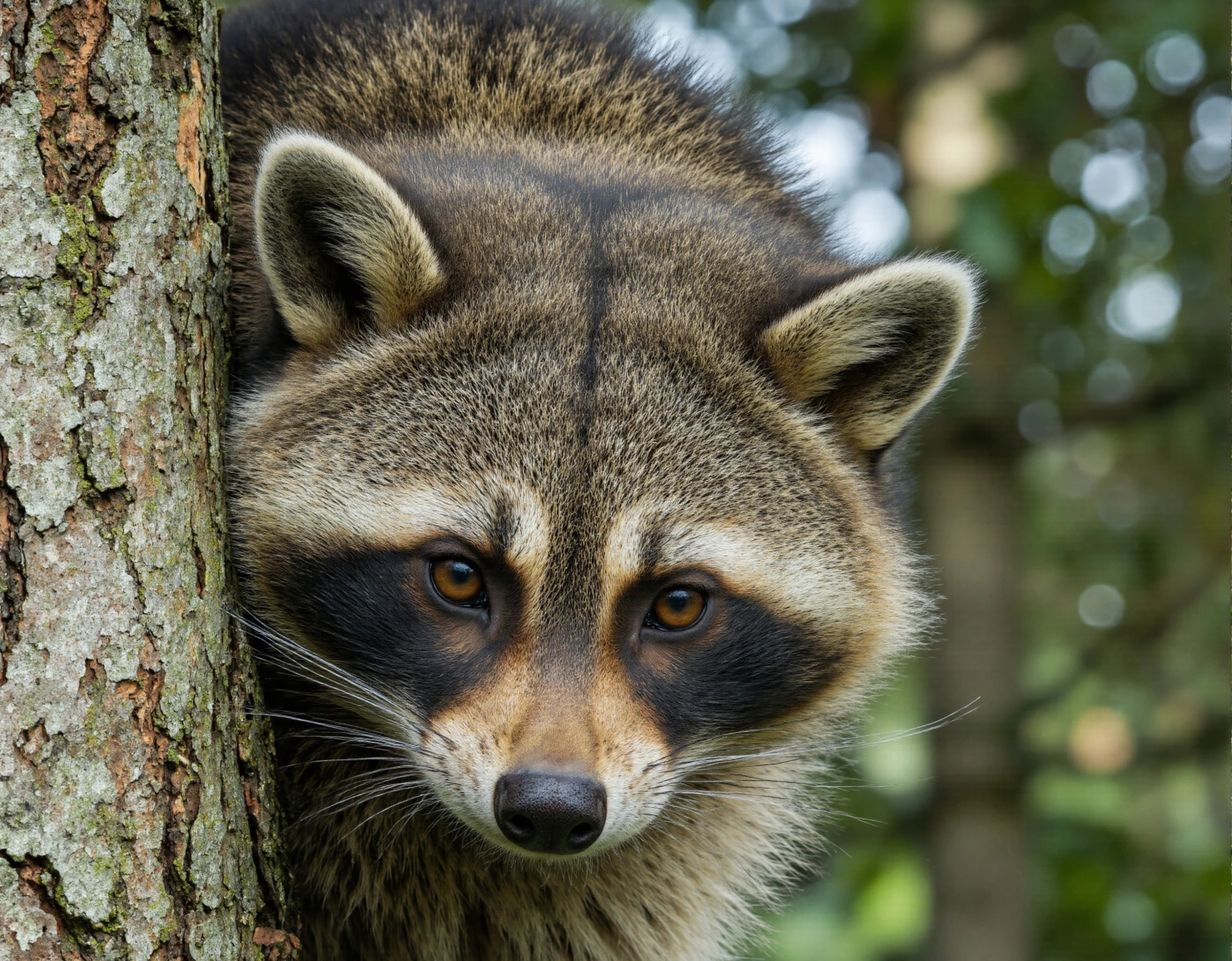 Curious Raccoon Peeking from Behind a Tree Trunk #40611