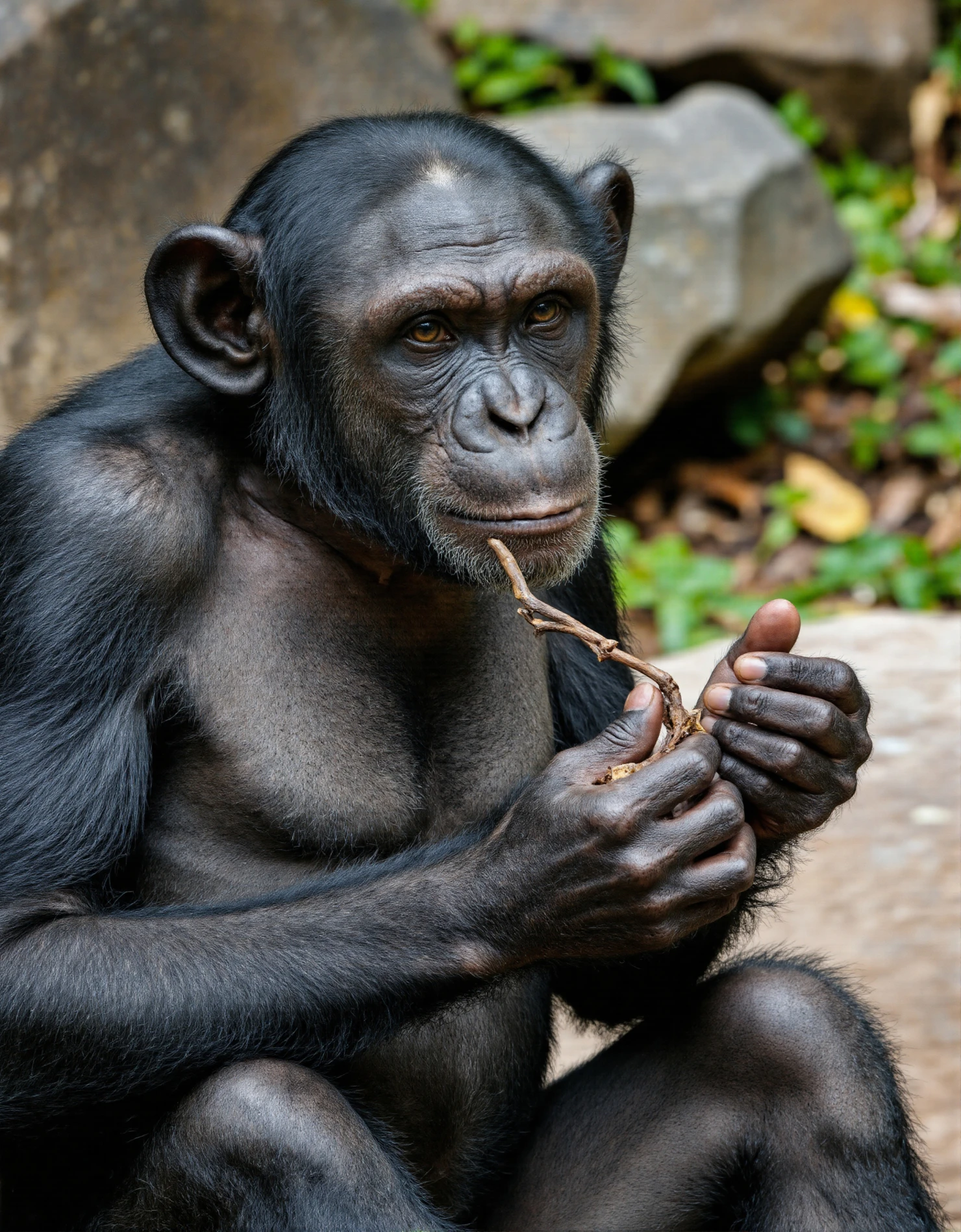 Close-up of a thoughtful chimpanzee holding a small stick #40619