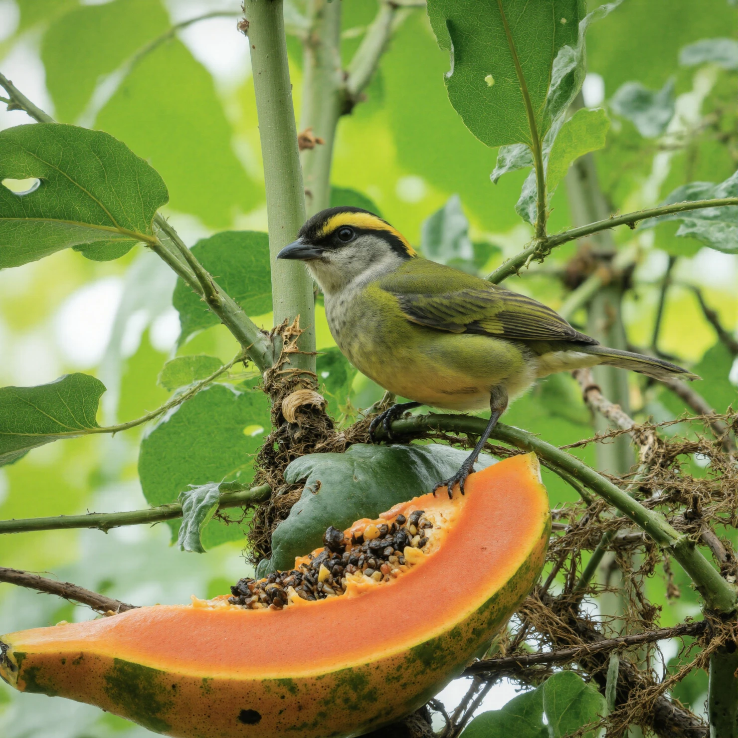Vibrant Green Bird Enjoying a Sweet Papaya Snack #40621