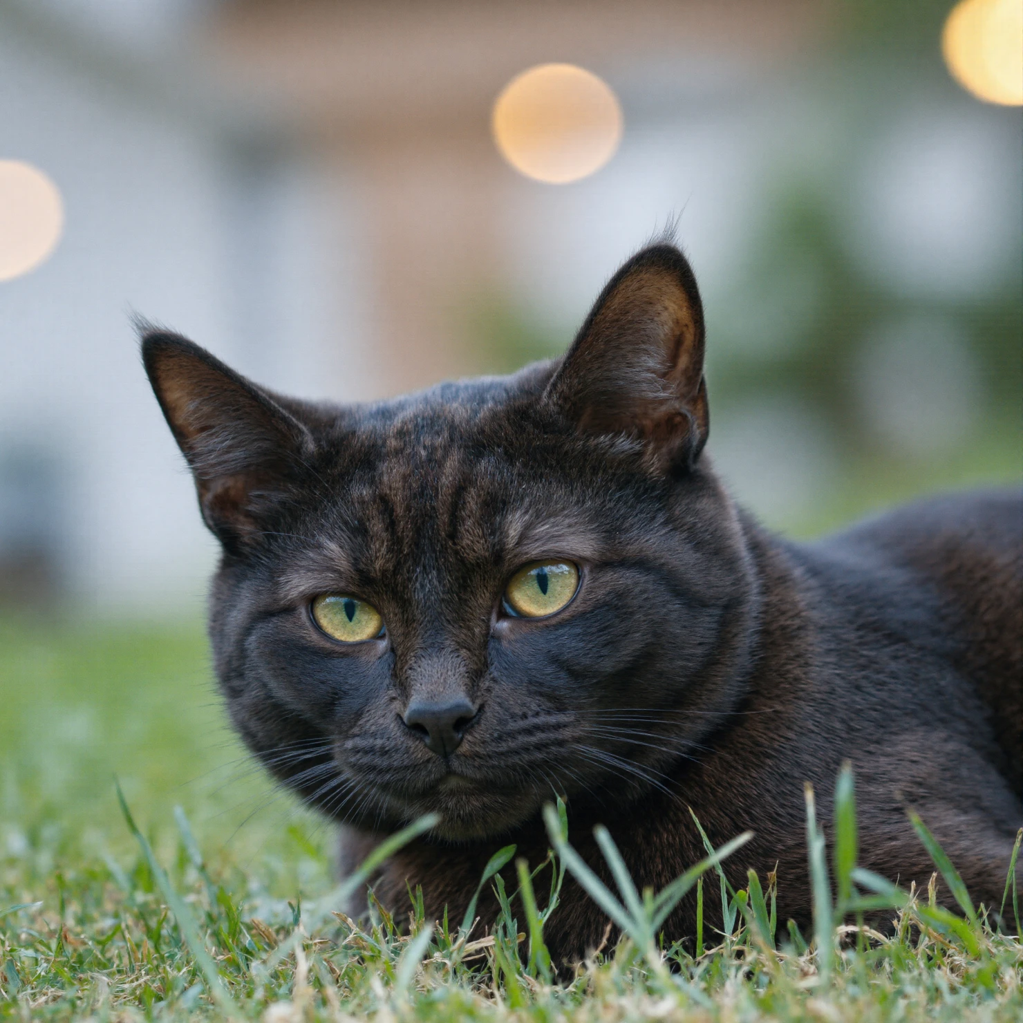 Black Cat with Green Eyes Resting in Green Grass #40634