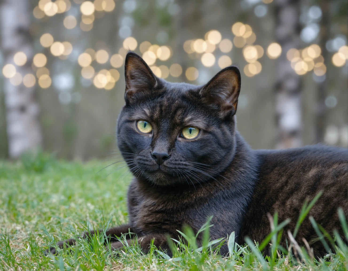 Observant Black Cat Relaxing in Green Grass with Bokeh Lights #40635