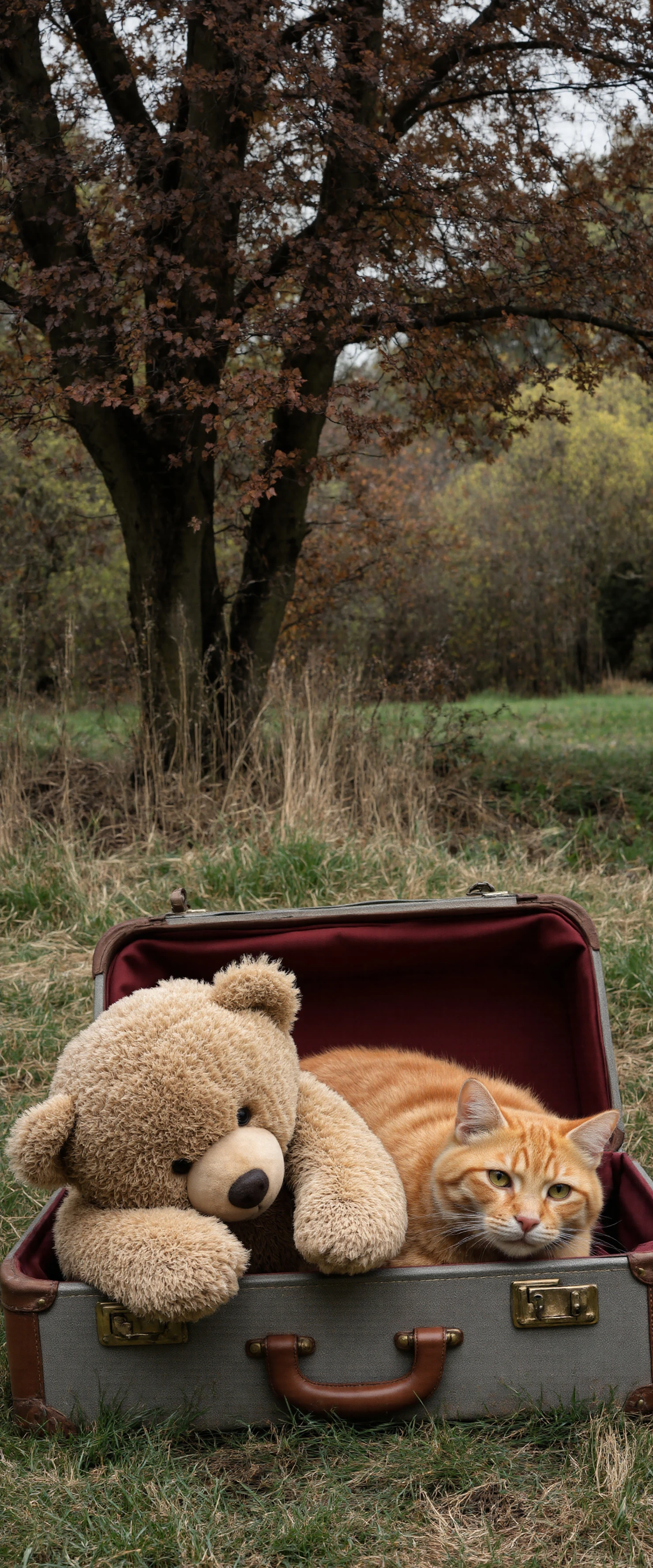 ReaCozy Companions Ginger Cat and Teddy Bear in a Suitcase Outdoors #40640