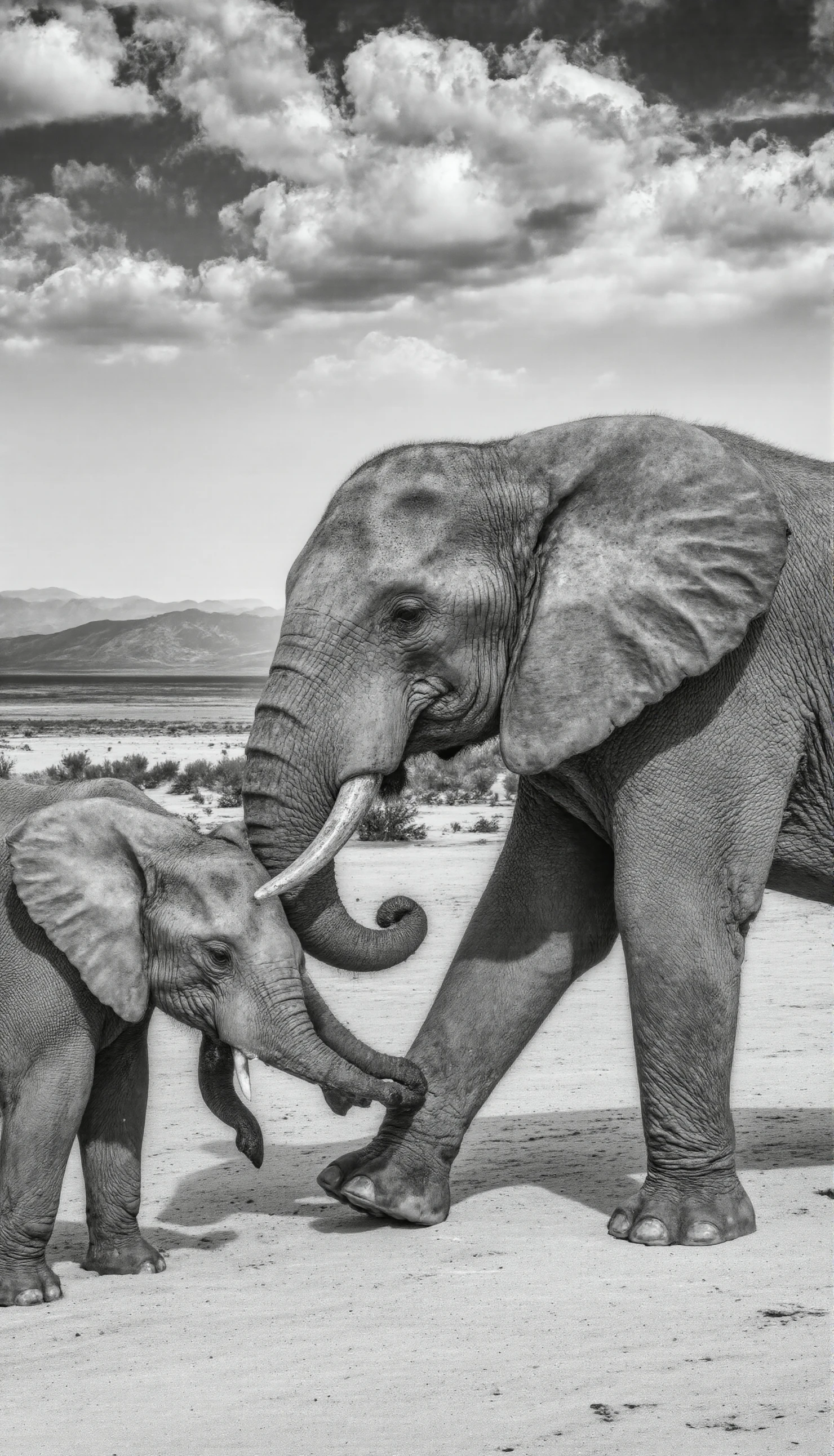 Tender Bond Mother and Baby Elephants in Black and White #40641