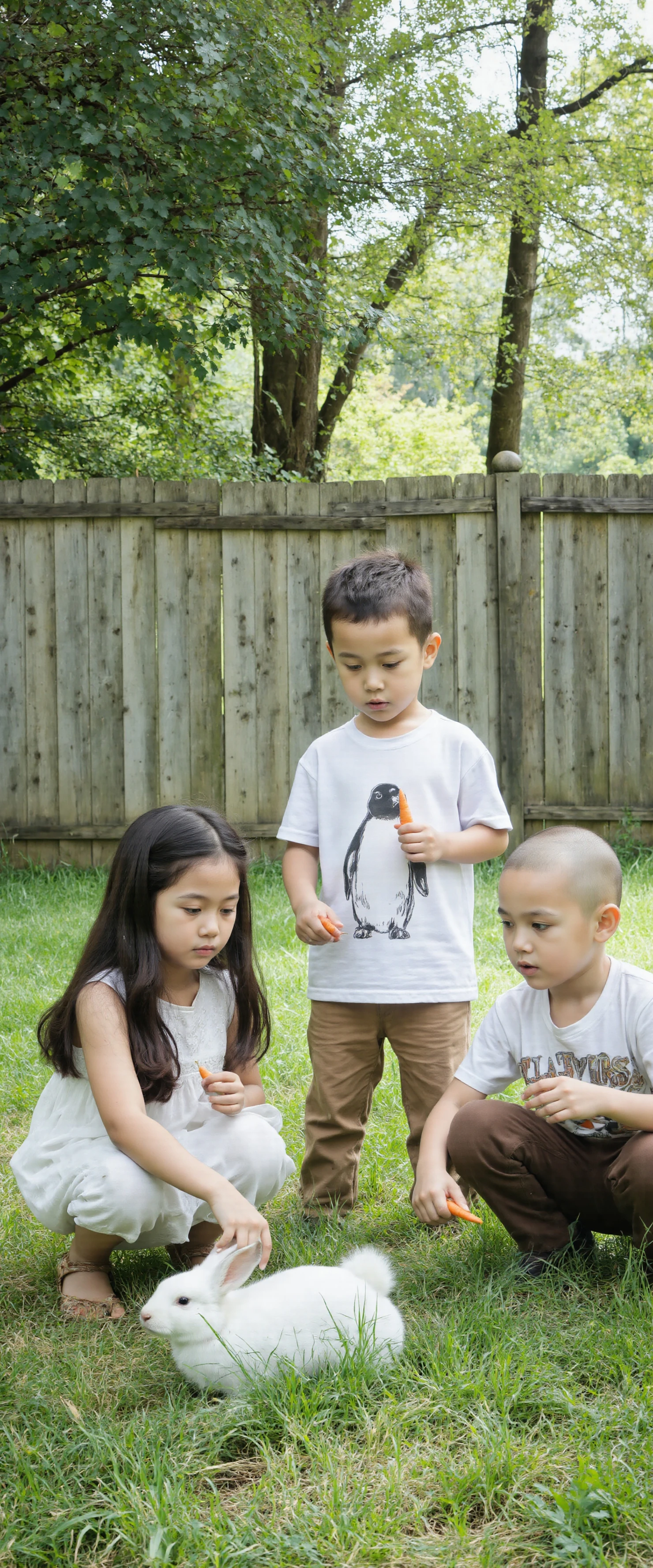 Children feeding a white rabbit in the backyard #40647