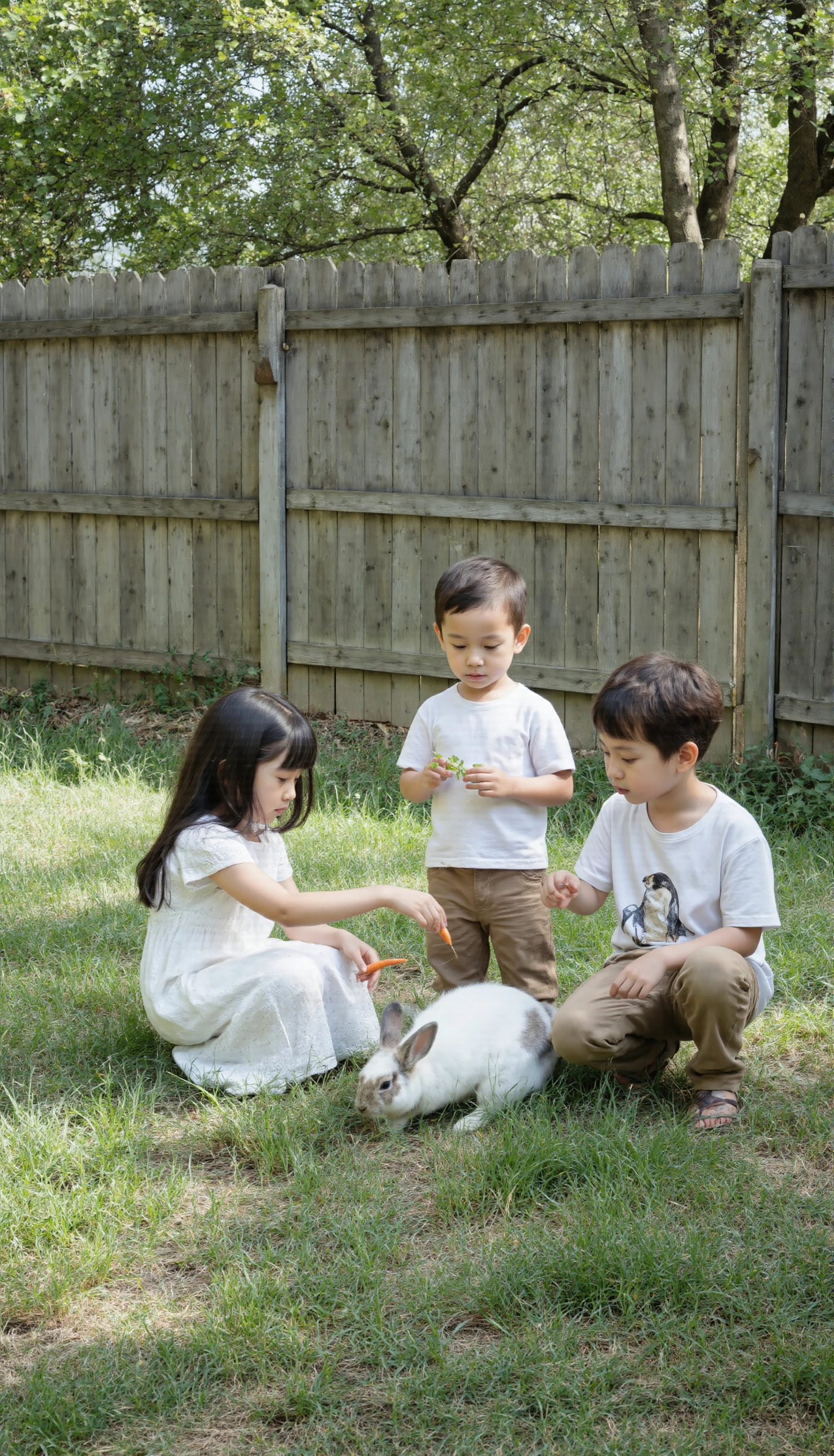 Children Feeding a Rabbit in a Grassy Backyard #40648