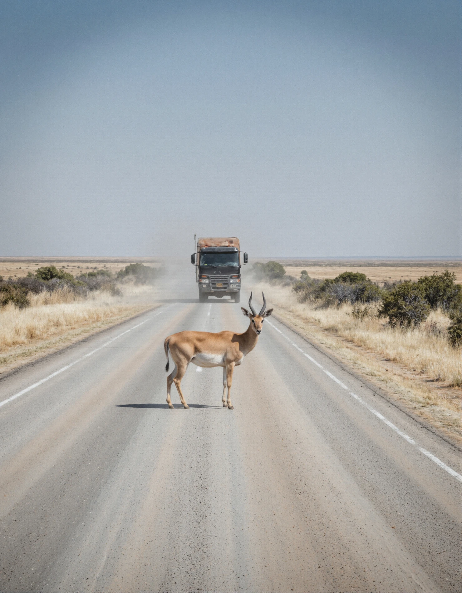 Antelope on a Dusty Desert Road with Approaching Truck #40663