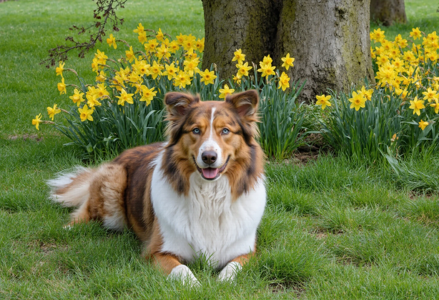 Merle Dog Relaxing Among Daffodils in Spring #40665