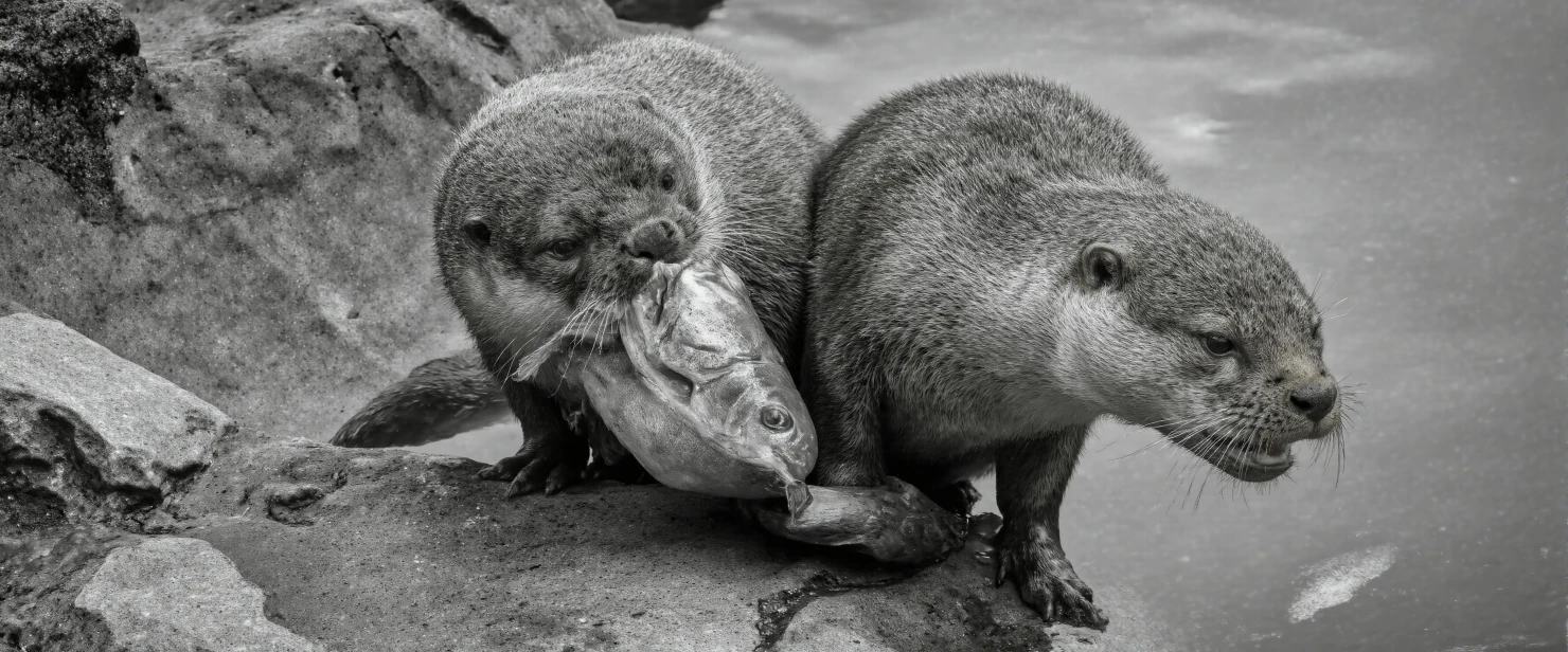 Otters feasting on fish #40680