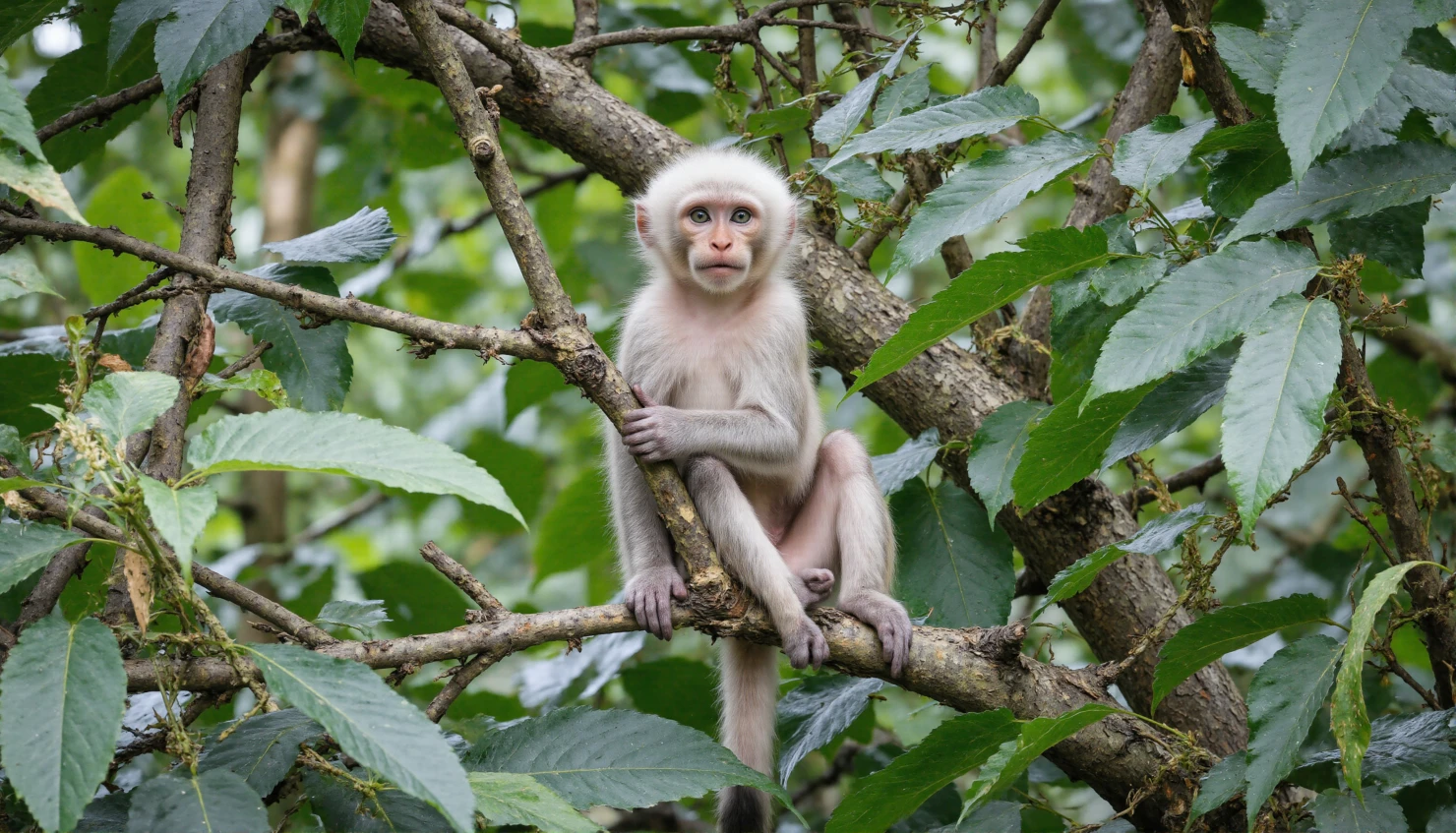 Young Monkey Perched on a Tree Branch in a Lush Forest #40682