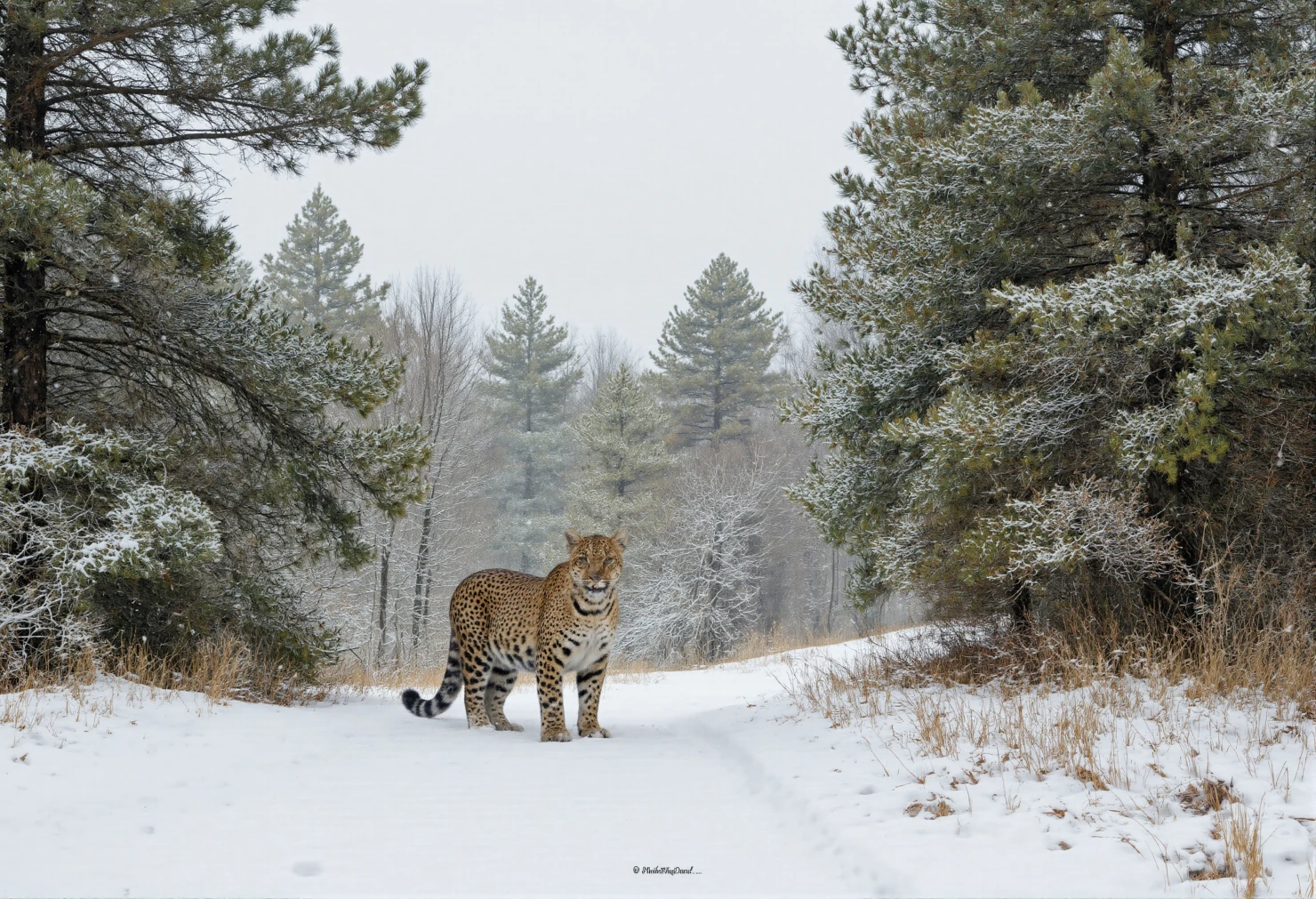 Majestic Leopard on a Snow-Covered Forest Road #40684