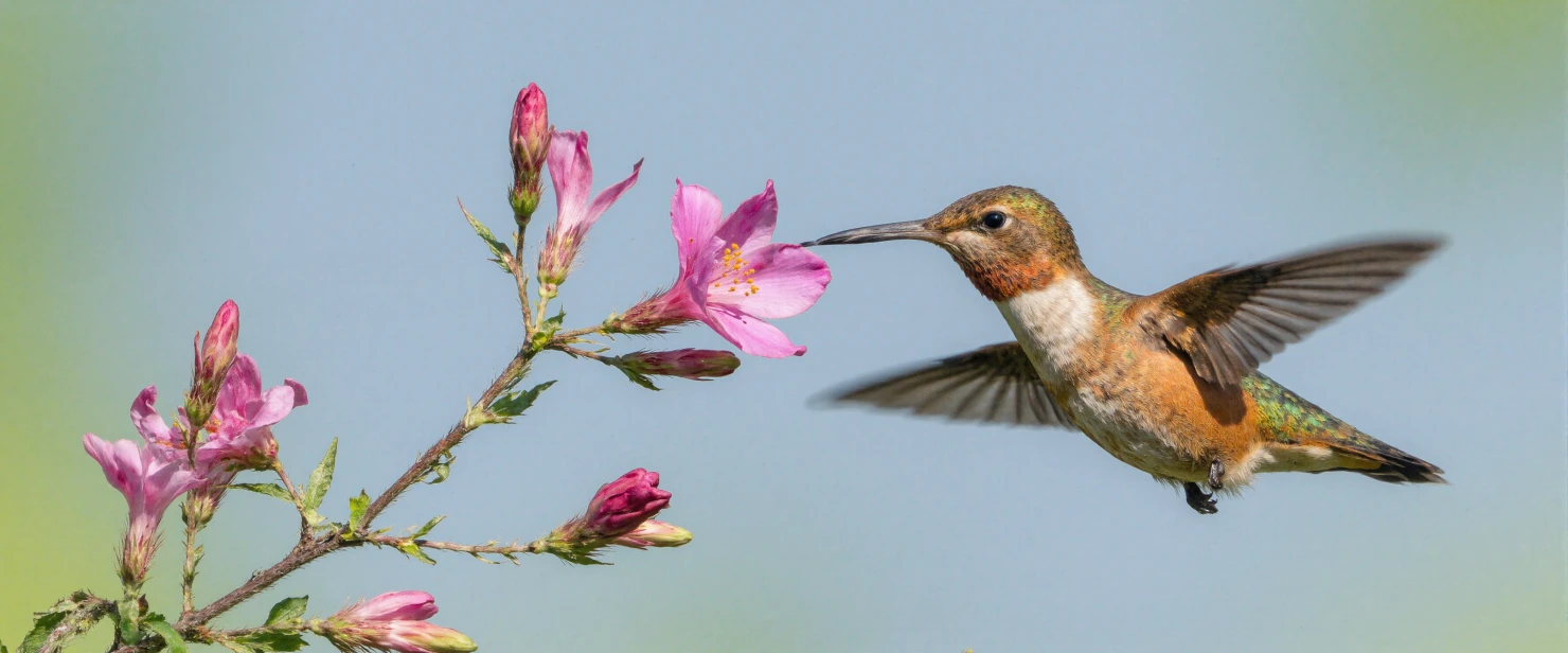Hummingbird Nectaring from Pink Flower #40697