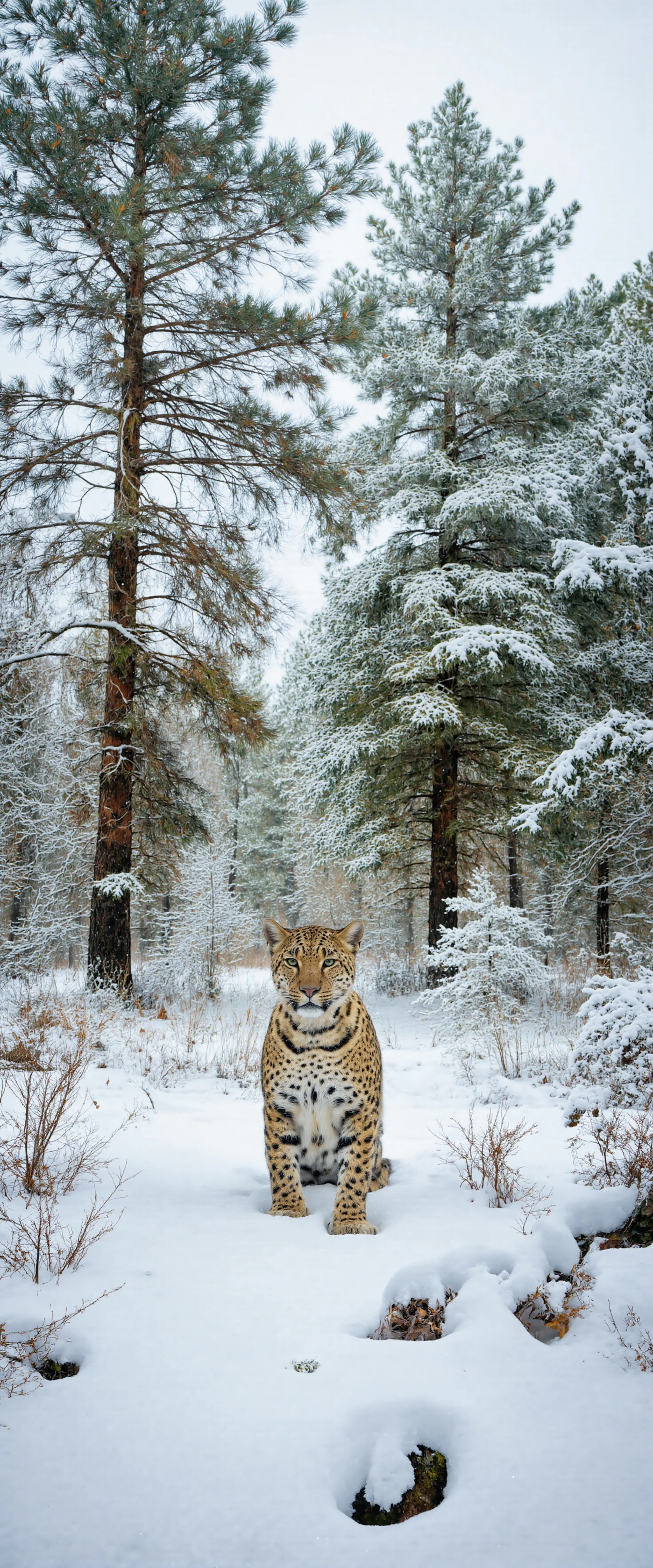 Majestic Wild Cat Posing in a Snow-Covered Pine Forest #40711