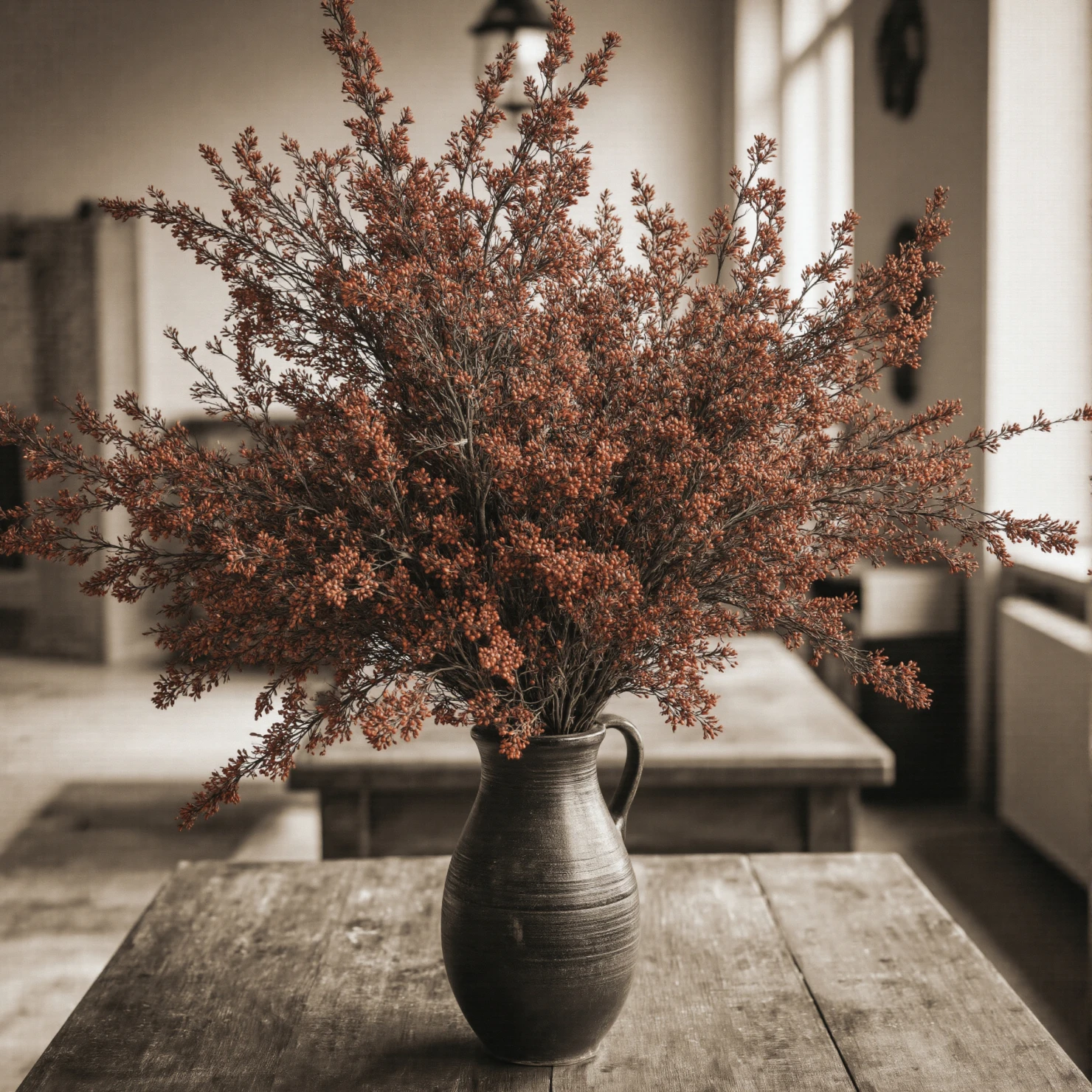 Vintage Still Life Dried Berries in a Vase onRustic Still Life Dried Branches in a Vintage Vase on a Wooden Table #40724