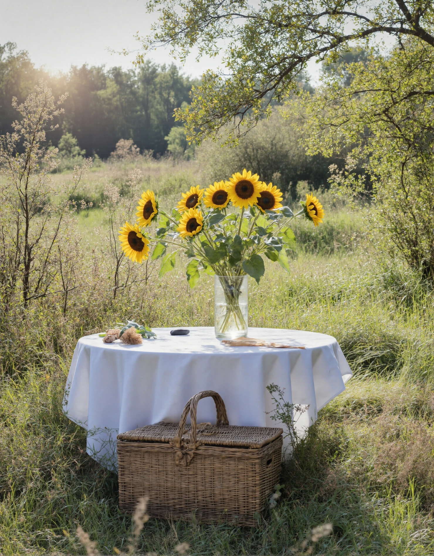 Summer Picnic Table with Sunflowers in a Grassy Meadow #40737
