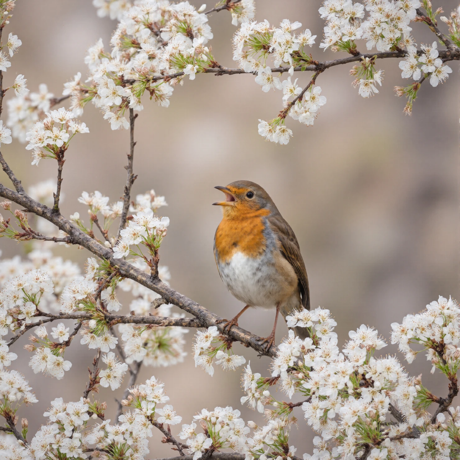 Robin Singing Among Spring Blossoms #40747