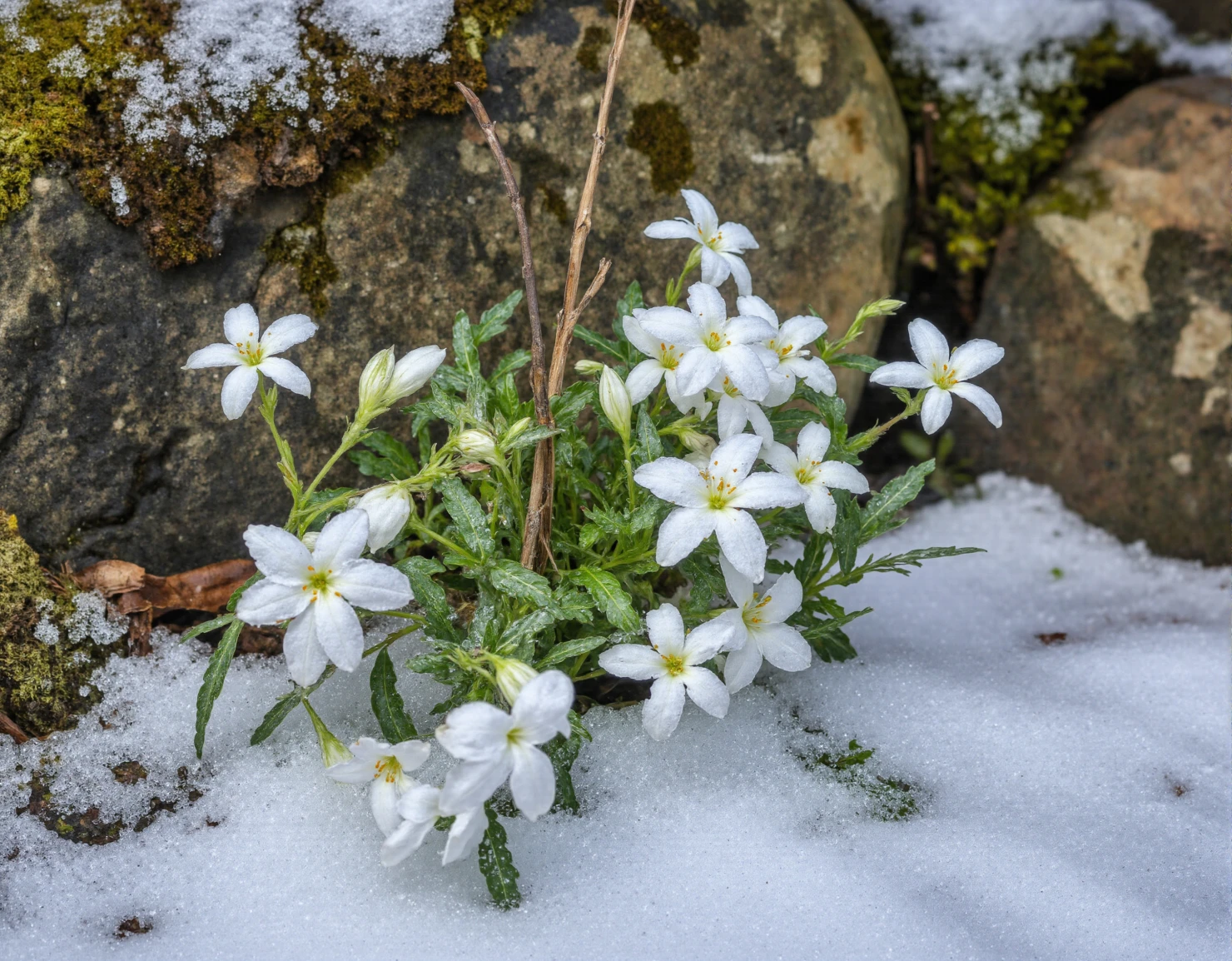 Delicate White Flowers Emerging Through Winter Snow #40756
