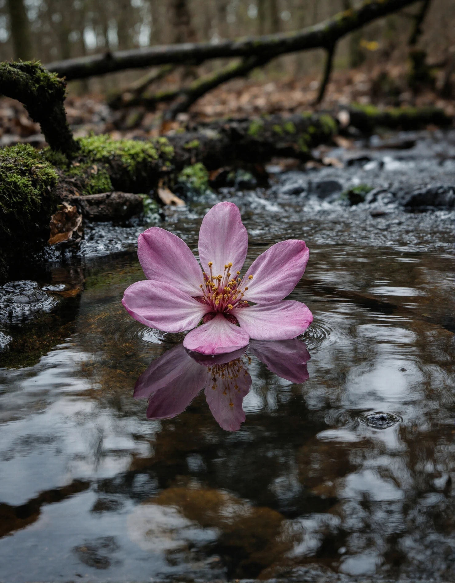 Delicate Pink Blossom Floating on Forest Stream #40759