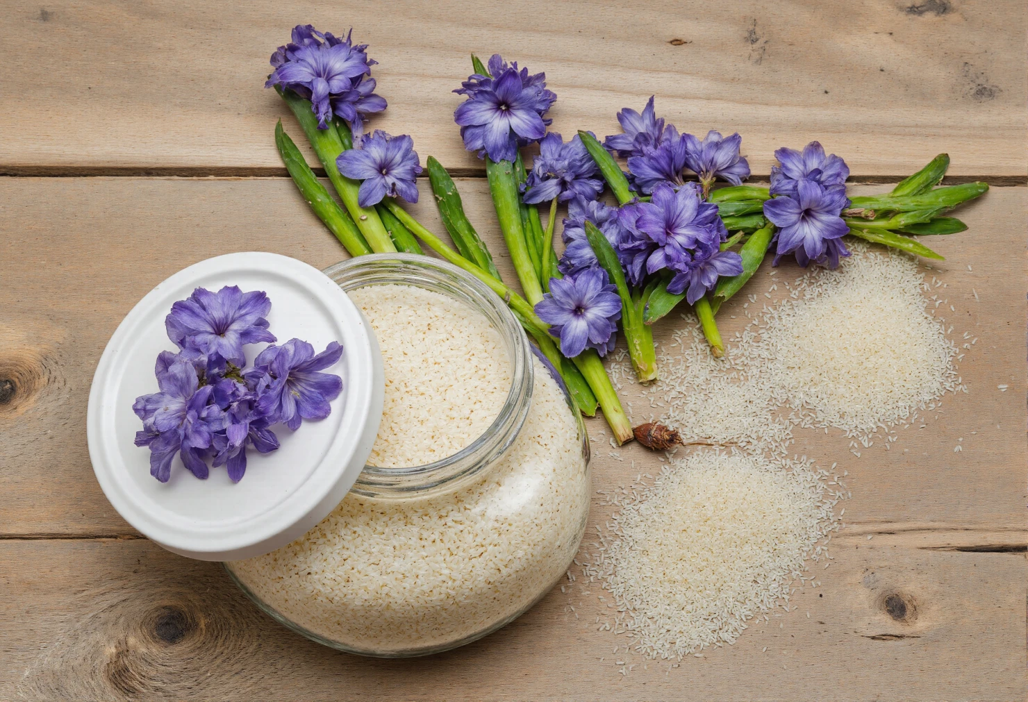 Natural Bath Salts with Purple Hyacinth Flowers on Wood #40762
