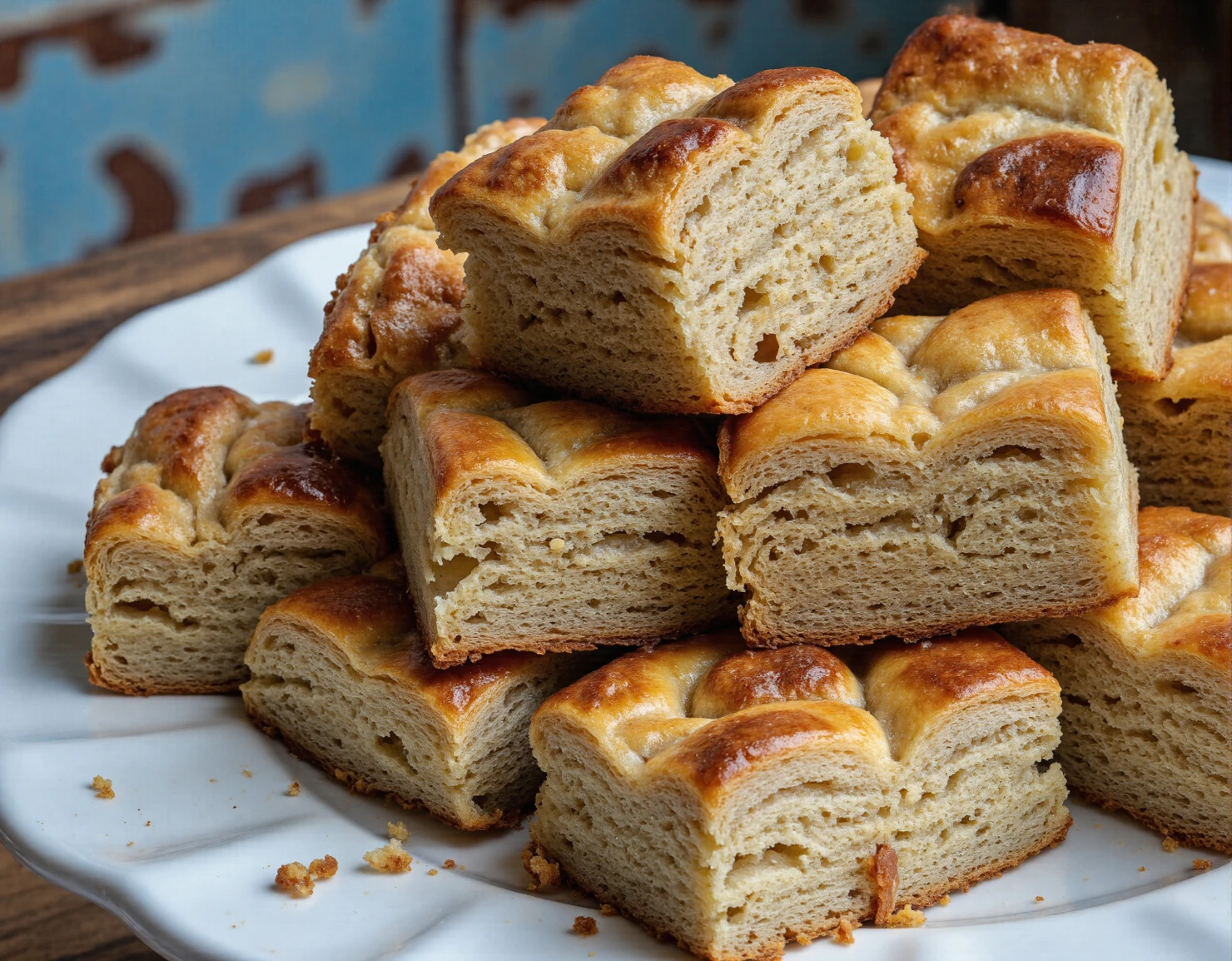 Golden Baked Squares Stacked on a White Plate #40774