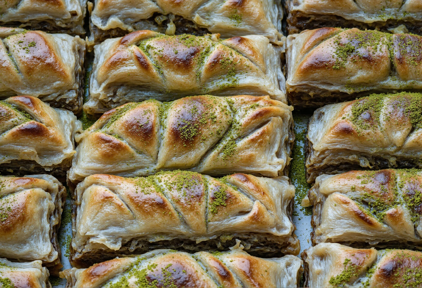 Rows of Golden Pistachio Baklava Pastries #40776