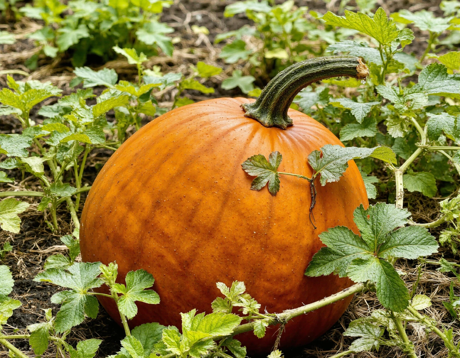Vibrant Orange Pumpkin Nestled Among Green Leaves in a Garden #40789