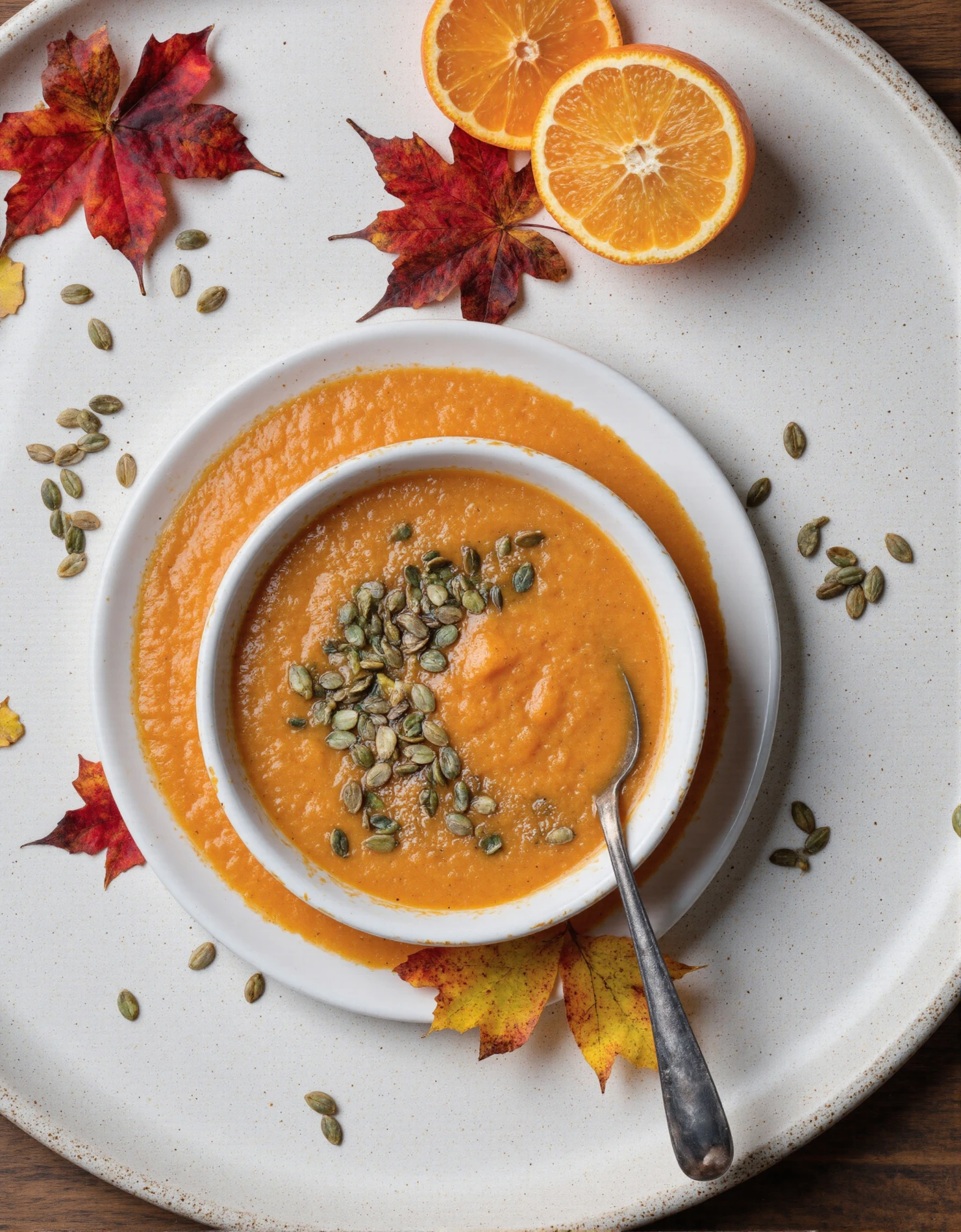 Autumn Pumpkin Soup with Pepitas and Maple Leaves #40793
