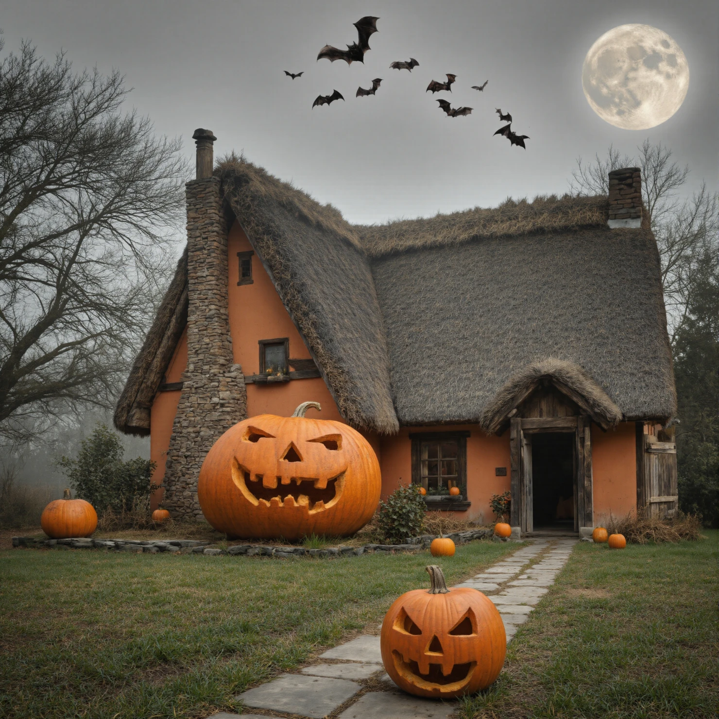 Spooky Halloween Cottage with Jack-o'-Lanterns and Full Moon #40794