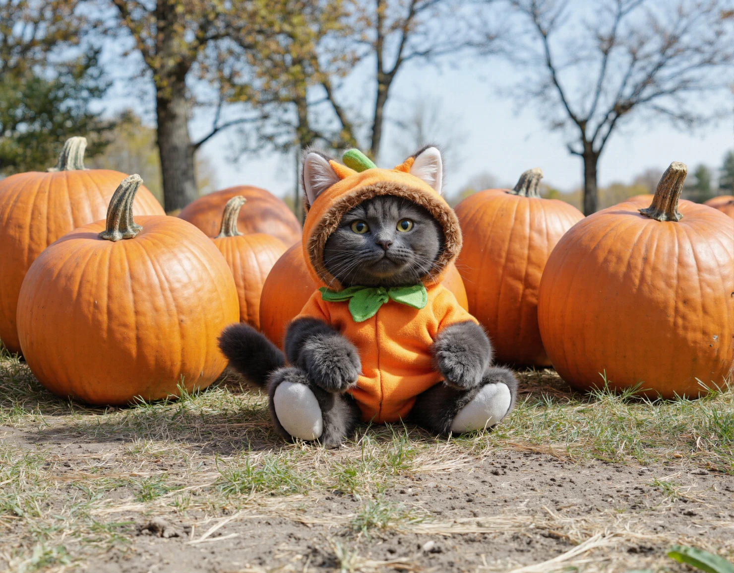 Adorable Cat in Pumpkin Costume in a Pumpkin Patch #40795