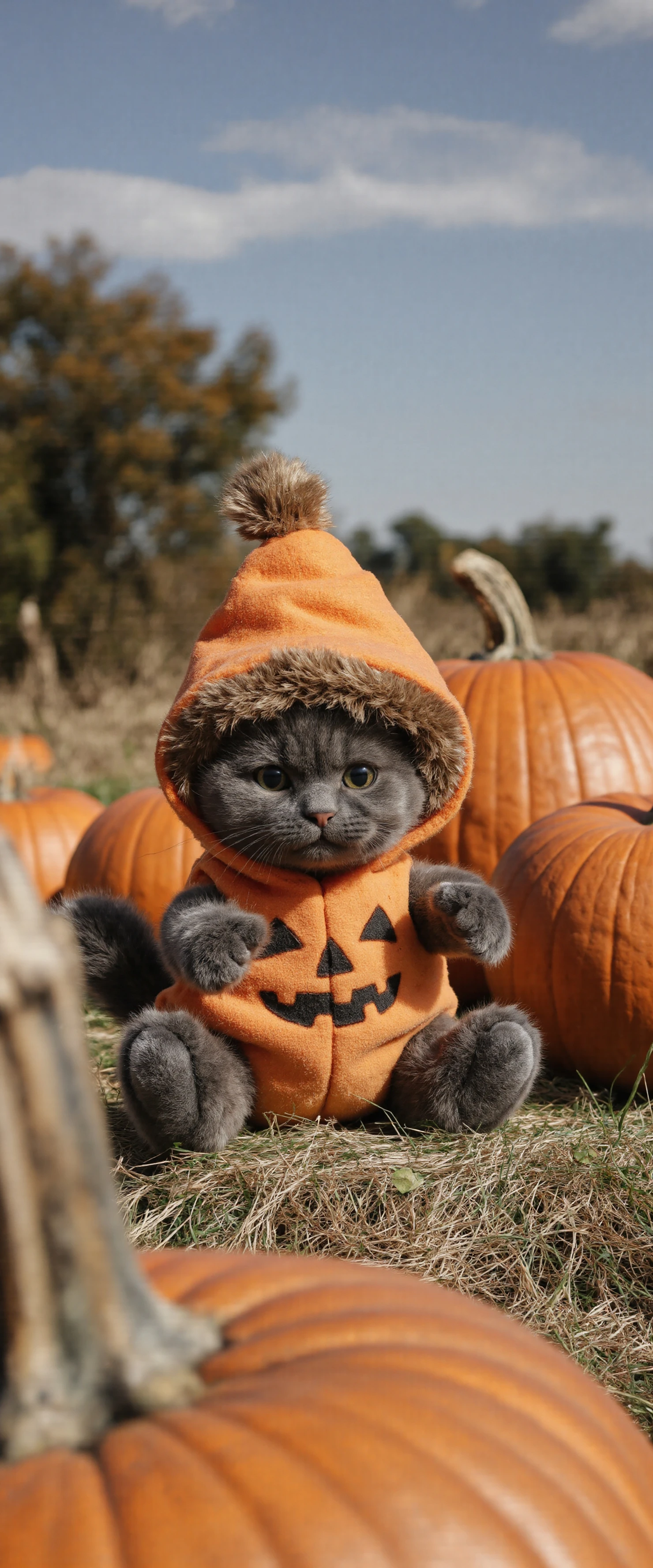 Adorable Kitten in a Pumpkin Costume in a Sunny Pumpkin Patch #40796