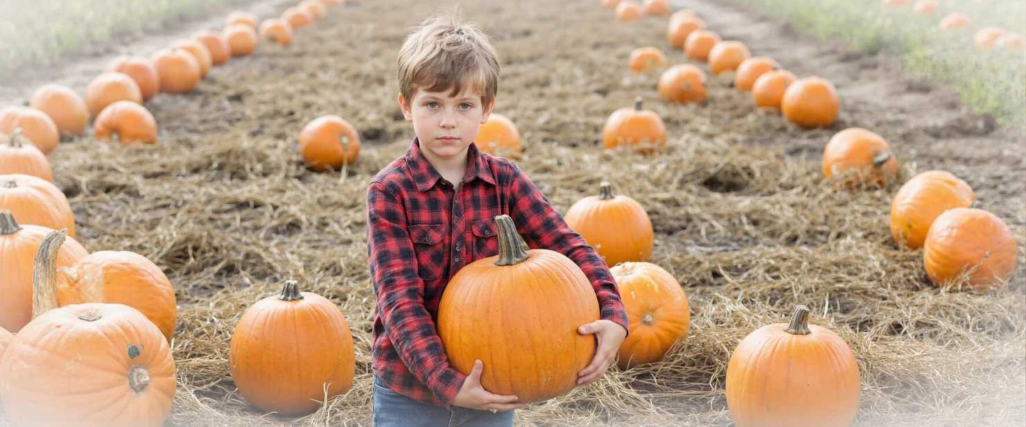 Young boy holding a pumpkin in a pumpkin patch during autumn harvest #40801